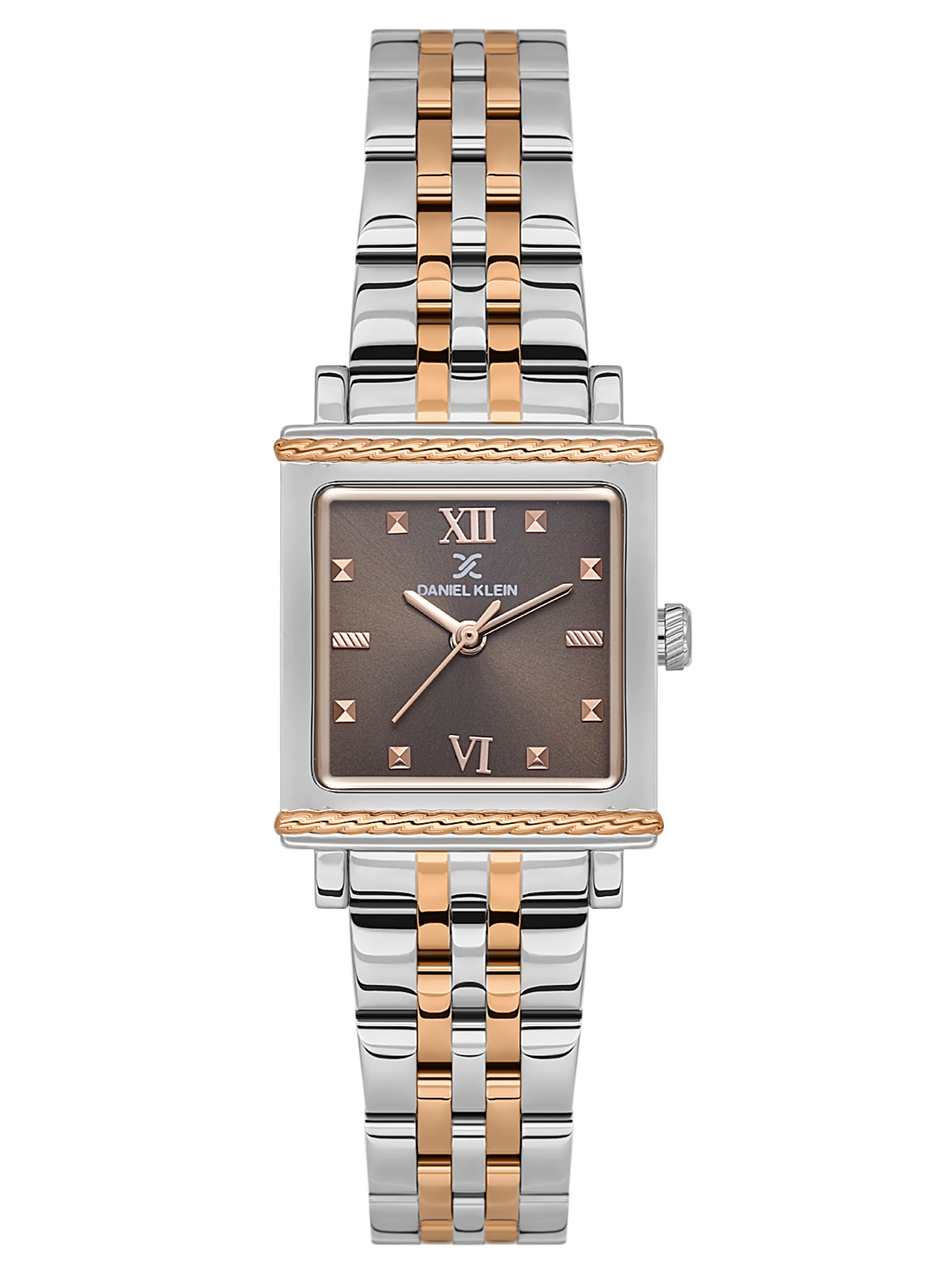 Daniel Klein Analog D.Brown Round Dial Silver and Rose Gold Case Silver and Rose Gold Strap Quartz Water-Resistant Wrist Watch for Women Girls, Ladies DK.1.14168-6