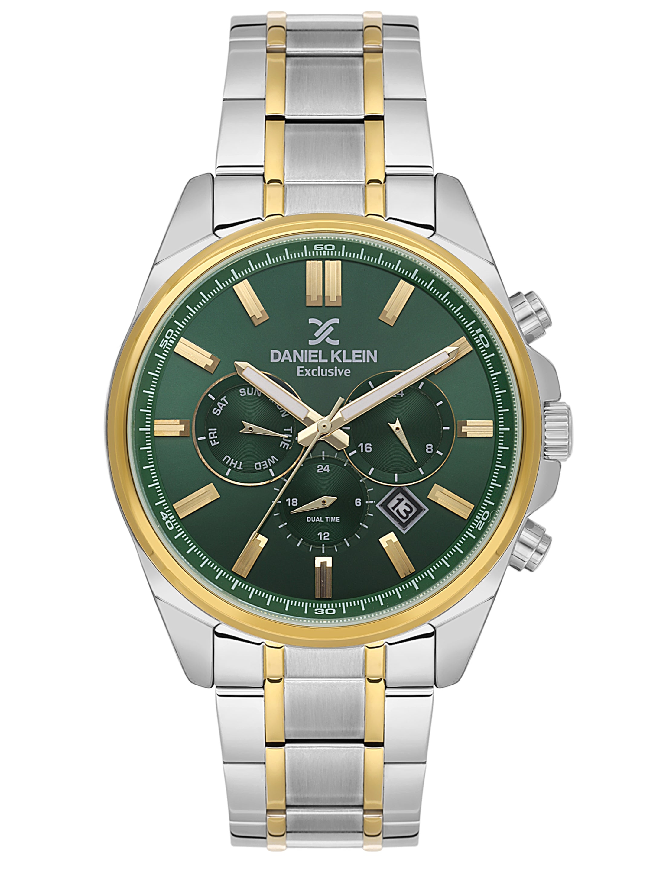 Daniel Klein Analog Dark Green Round Dial Silver Case Silver and Gold Strap Quartz Water-Resistant Wrist Watch for Men Boys DK.6.14261-3