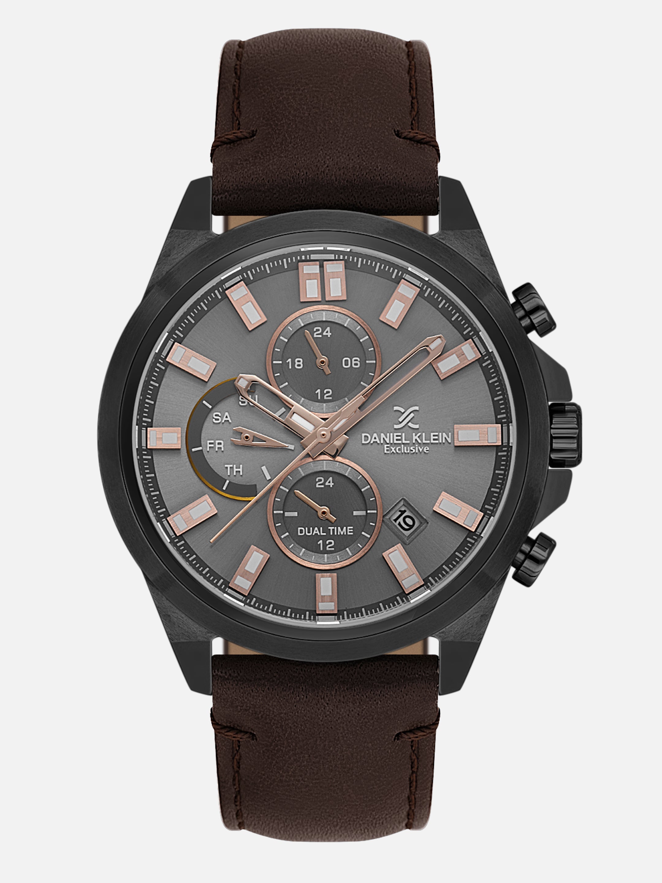 Daniel Klein Analog Cool Grey 9c Round Dial Black Case Brown Strap Quartz Water-Resistant Wrist Watch for Men Boys DK.1.14244-6