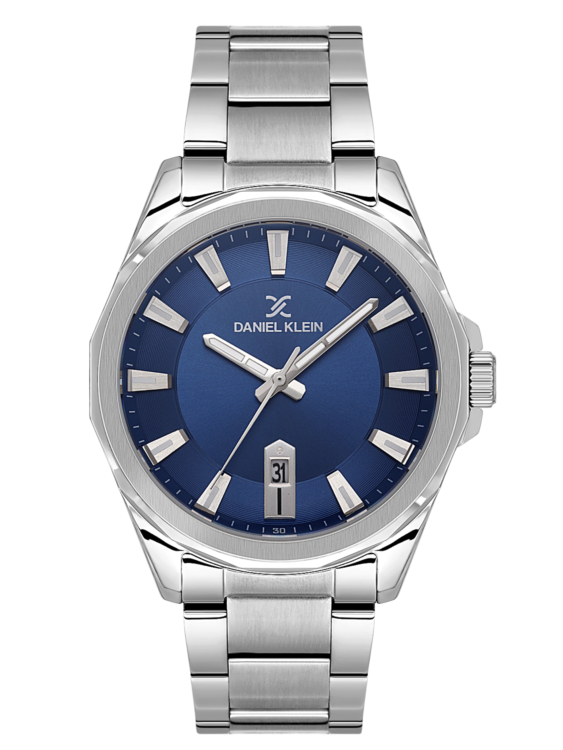 Daniel Klein Analog Dark Blue Round Dial Silver Case Silver Strap Quartz Water-Resistant Wrist Watch for Men Boys DK.1.14199-3