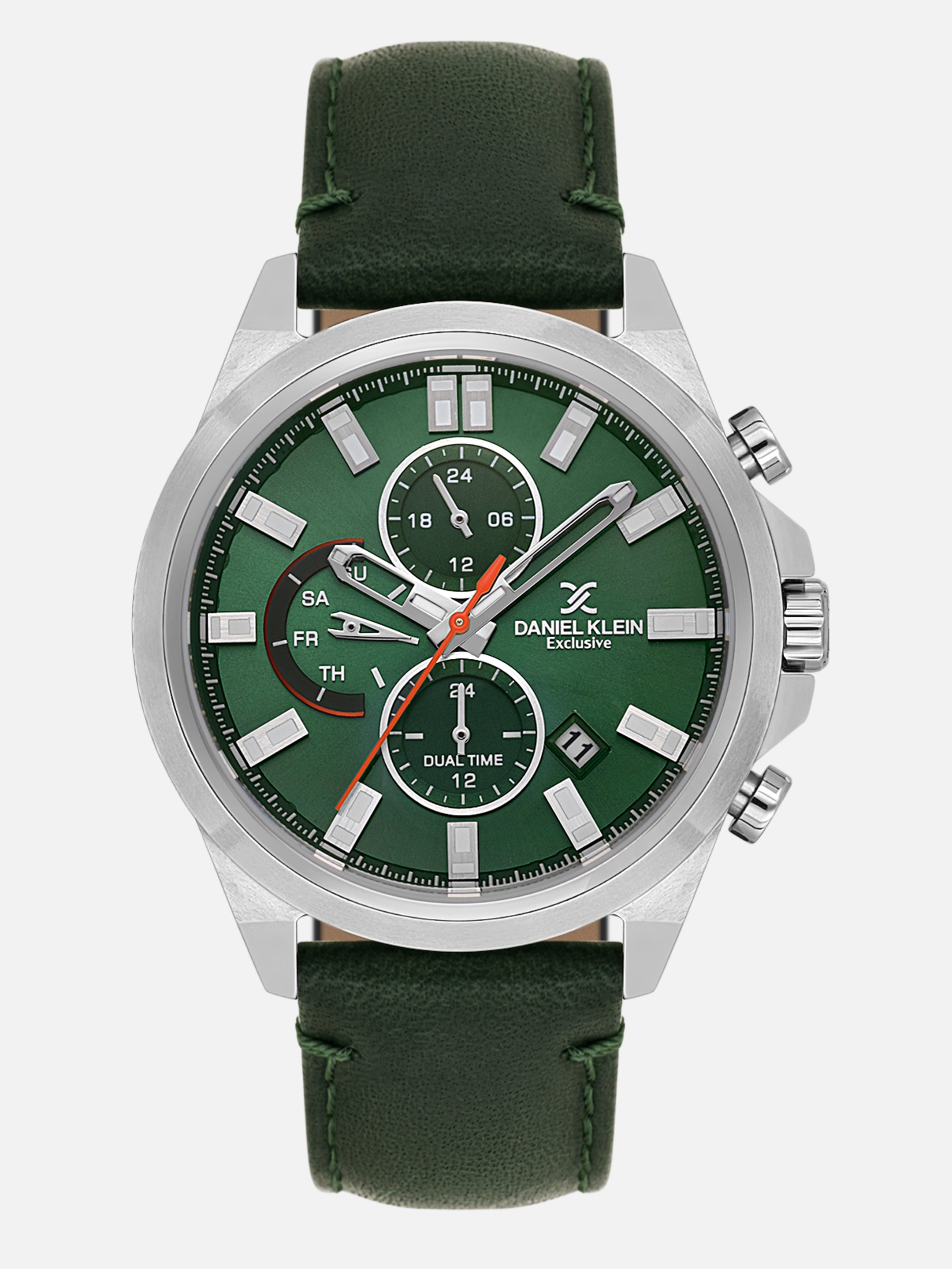 Daniel Klein Analog Dark Green Round Dial Silver Case Dark Green Strap Quartz Water-Resistant Wrist Watch for Men Boys DK.1.14244-3