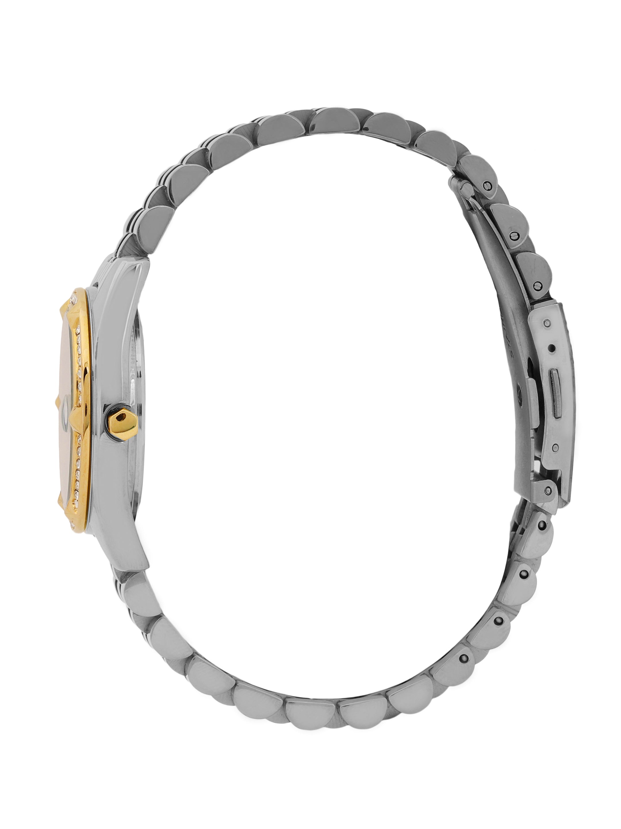 "Daniel Klein Women’s Two-Tone Silver & Gold Bracelet Watch – Elegant White Dial with Stone Bezel "