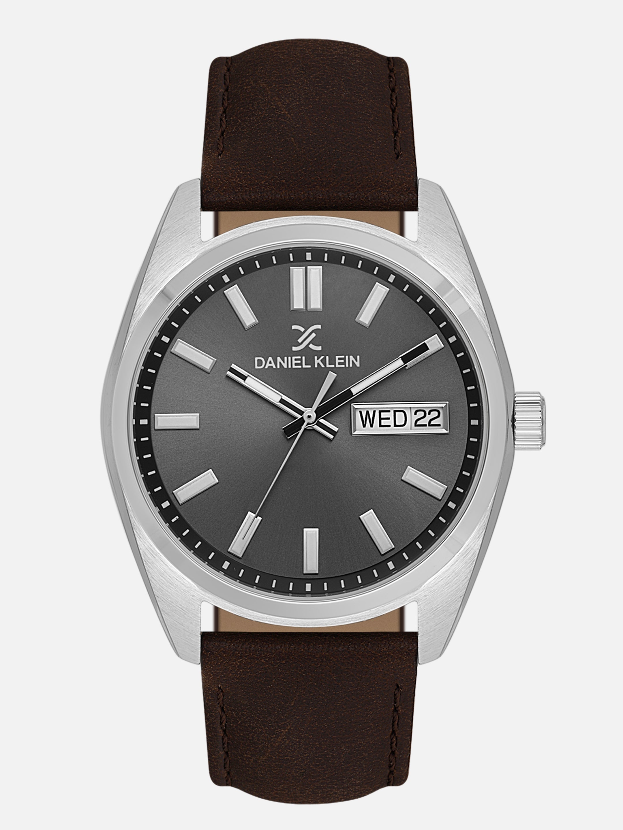 Daniel Klein Analog Gunmetal Round Dial Silver Case D.Brown Strap Quartz Water-Resistant Wrist Watch for Men Boys DK.1.14196-2