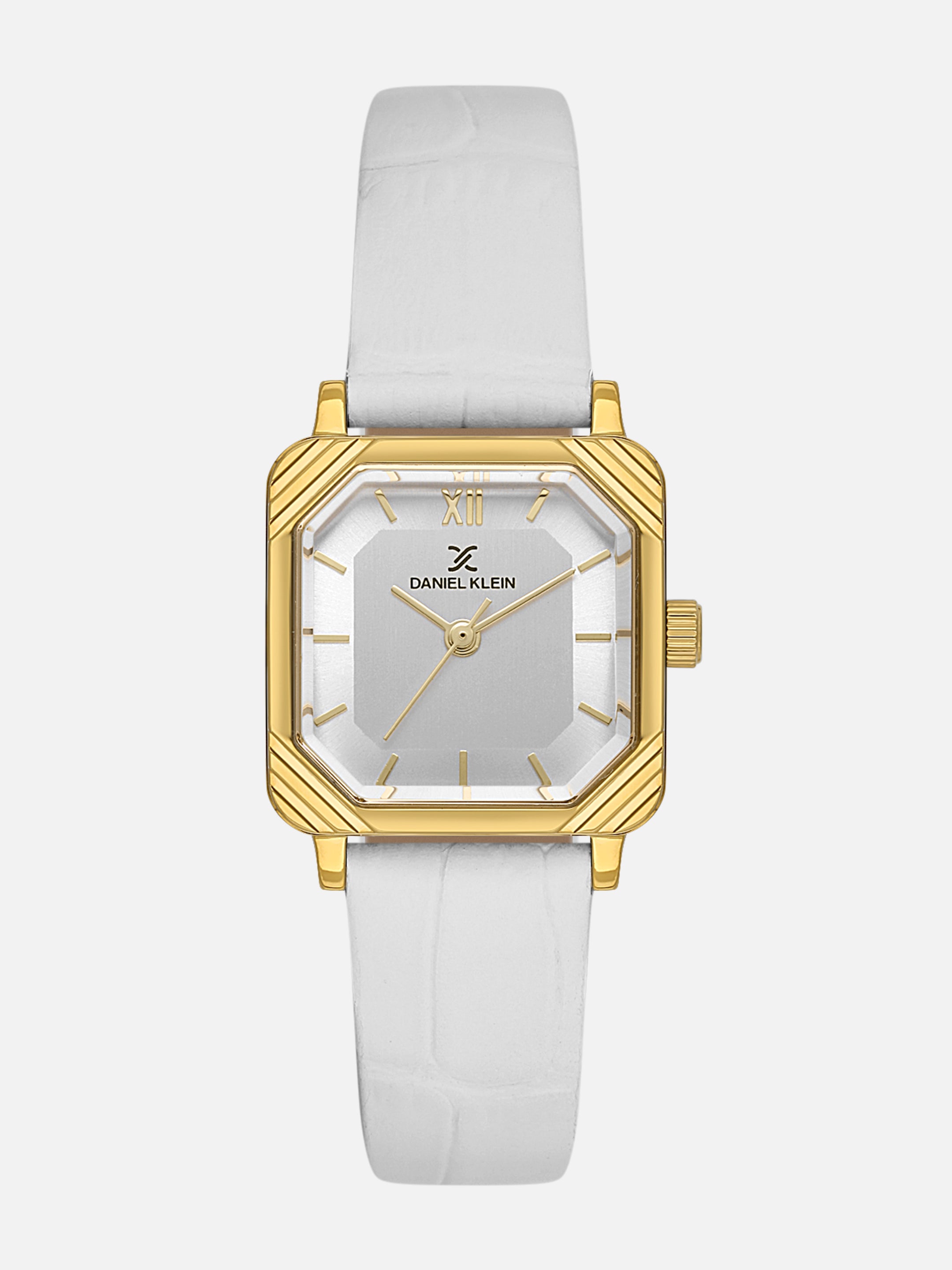 Daniel Klein Analog Silver Round Dial Gold Case White Strap Quartz Water-Resistant Wrist Watch for Women Girls, Ladies DK.1.14154-2