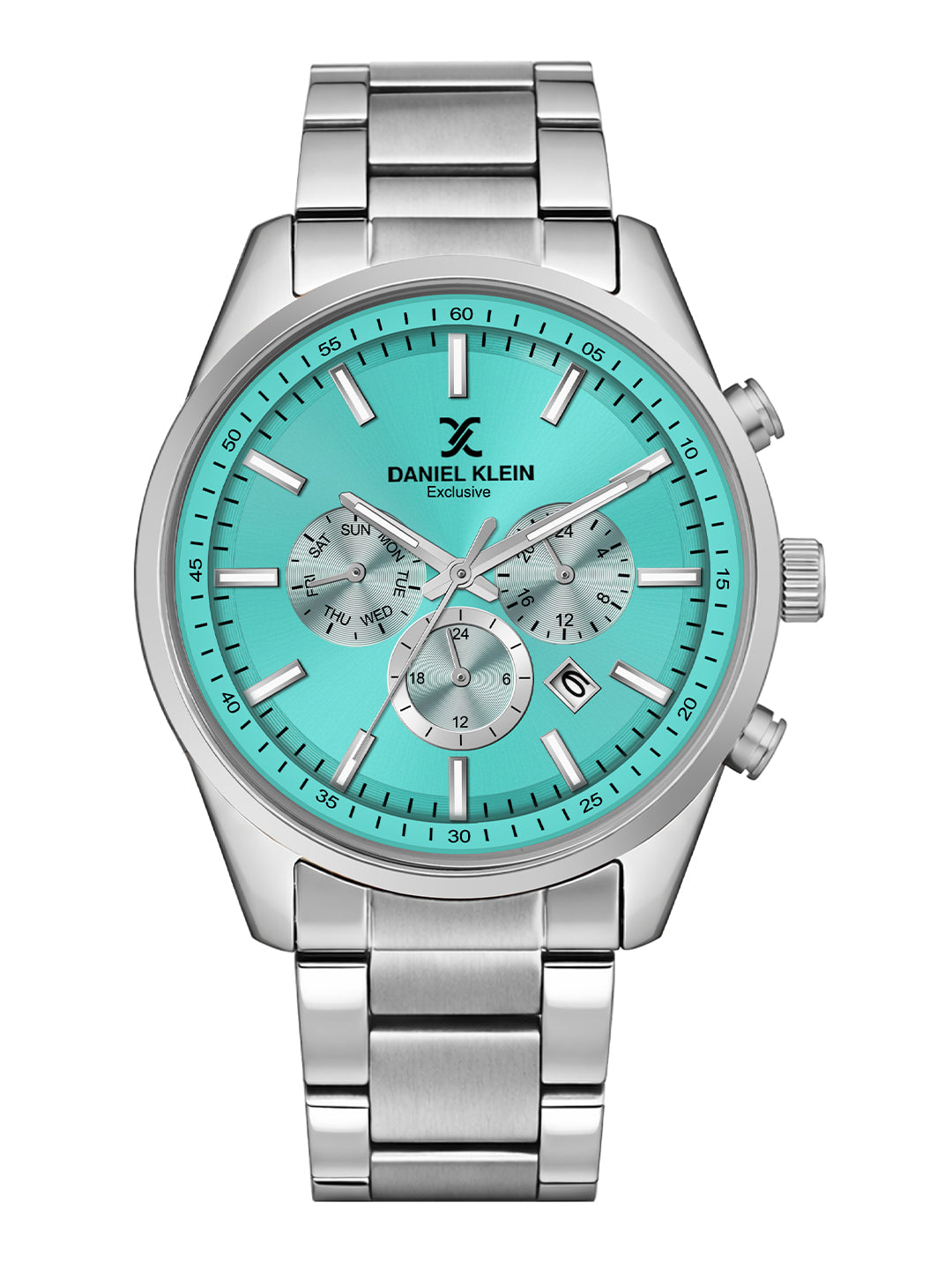 Daniel Klein Men Analog Multifunction Watch | Silver Case | Tiffny blue Dial with Day Date 24-hour format | Silver Metal Strap | 44 mm | Water Resistant 3 ATM | DK.20.13348-8