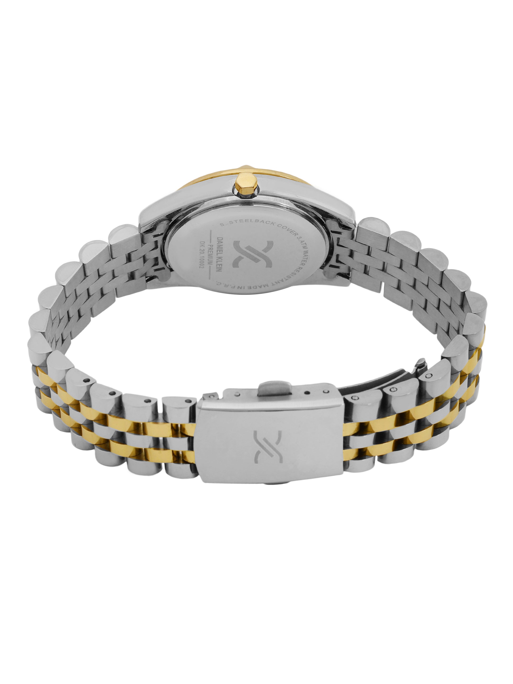 "Daniel Klein Women’s Two-Tone Silver & Gold Bracelet Watch – Elegant White Dial with Stone Bezel "