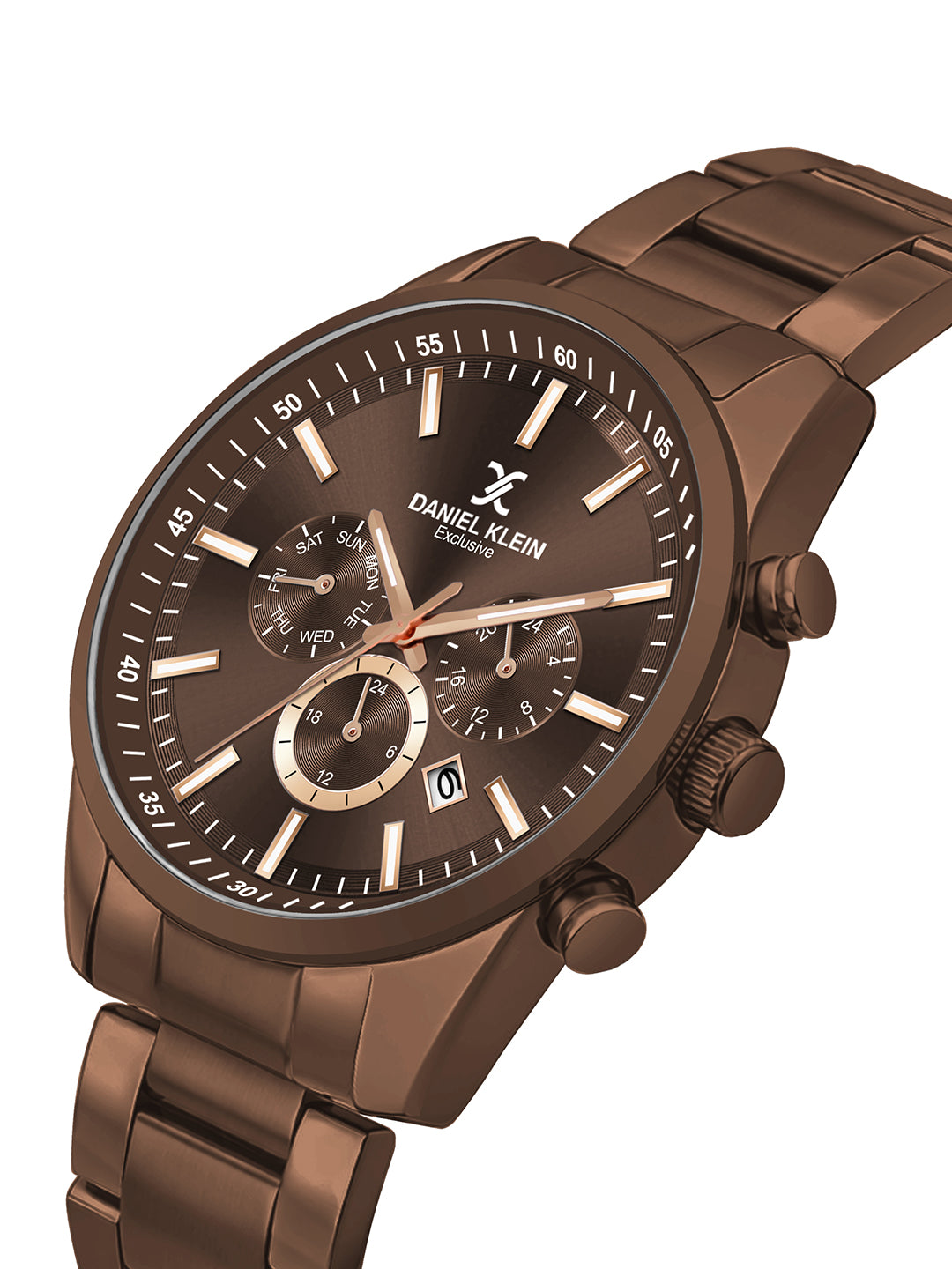 Daniel Klein men Analog Multifunction Watch | Brown Case | Brown Dial with Day Date 24-hour format | Brown Metal Strap | 44 mm | Water Resistant 3 ATM | DK.20.13348-11