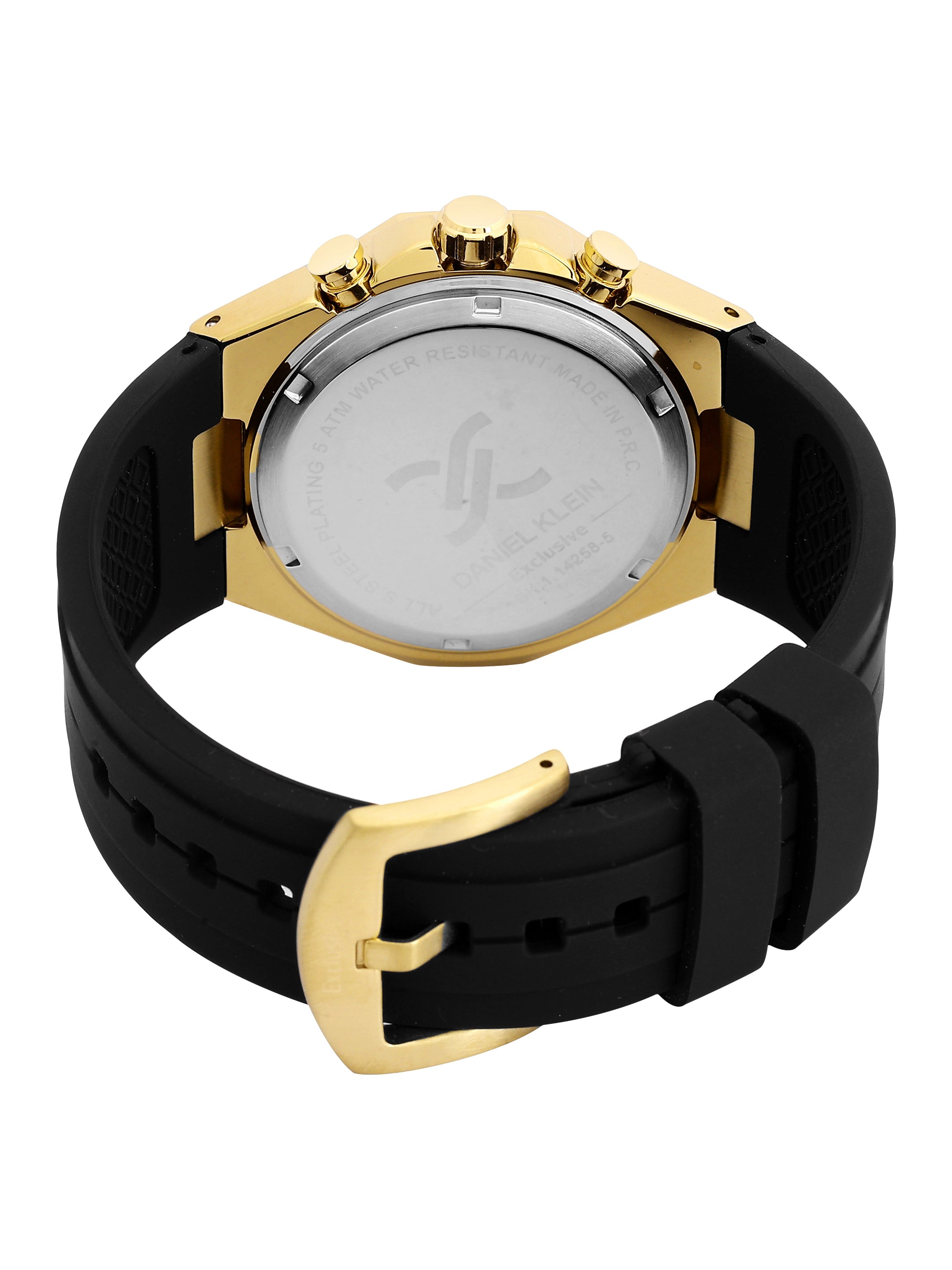 Daniel Klein Analog Black Round Dial Gold Case Black Strap Quartz Water-Resistant Wrist Watch for Men Boys DK.1.14258-5