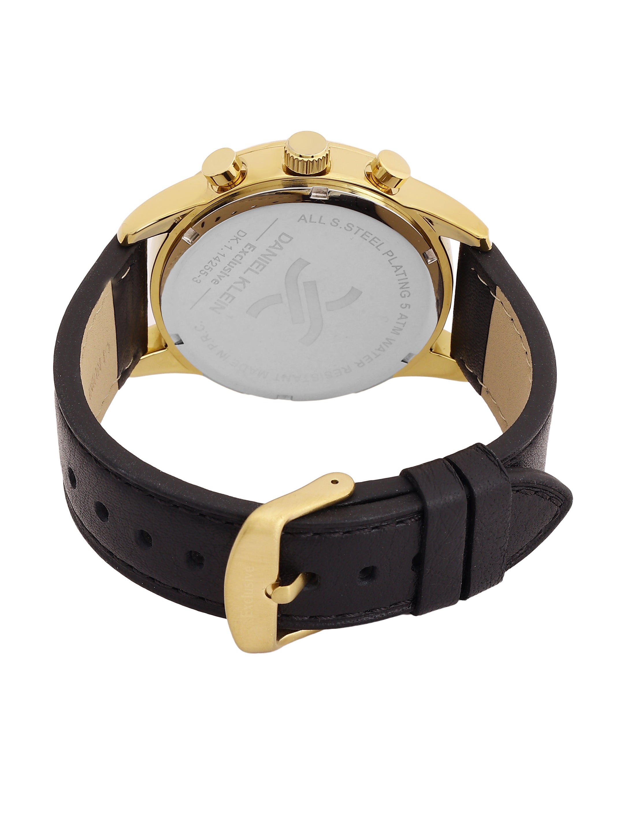 Daniel Klein Analog Black Round Dial Gold Case Black Strap Quartz Water-Resistant Wrist Watch for Men Boys DK.1.14255-3