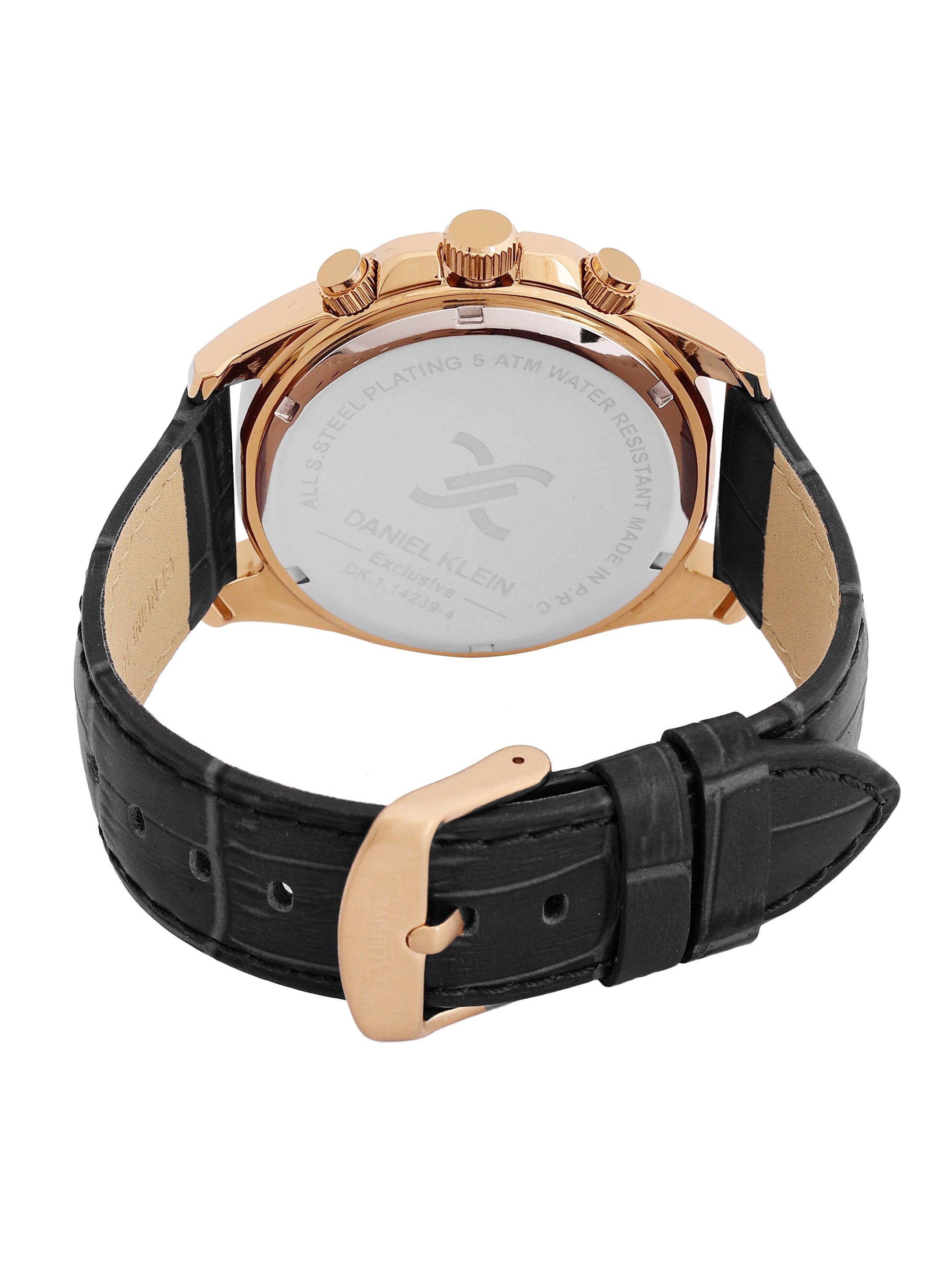 Daniel Klein Analog Black Round Dial Pink Rose Gold Case Black Strap Quartz Water-Resistant Wrist Watch for Men Boys DK.1.14239-5
