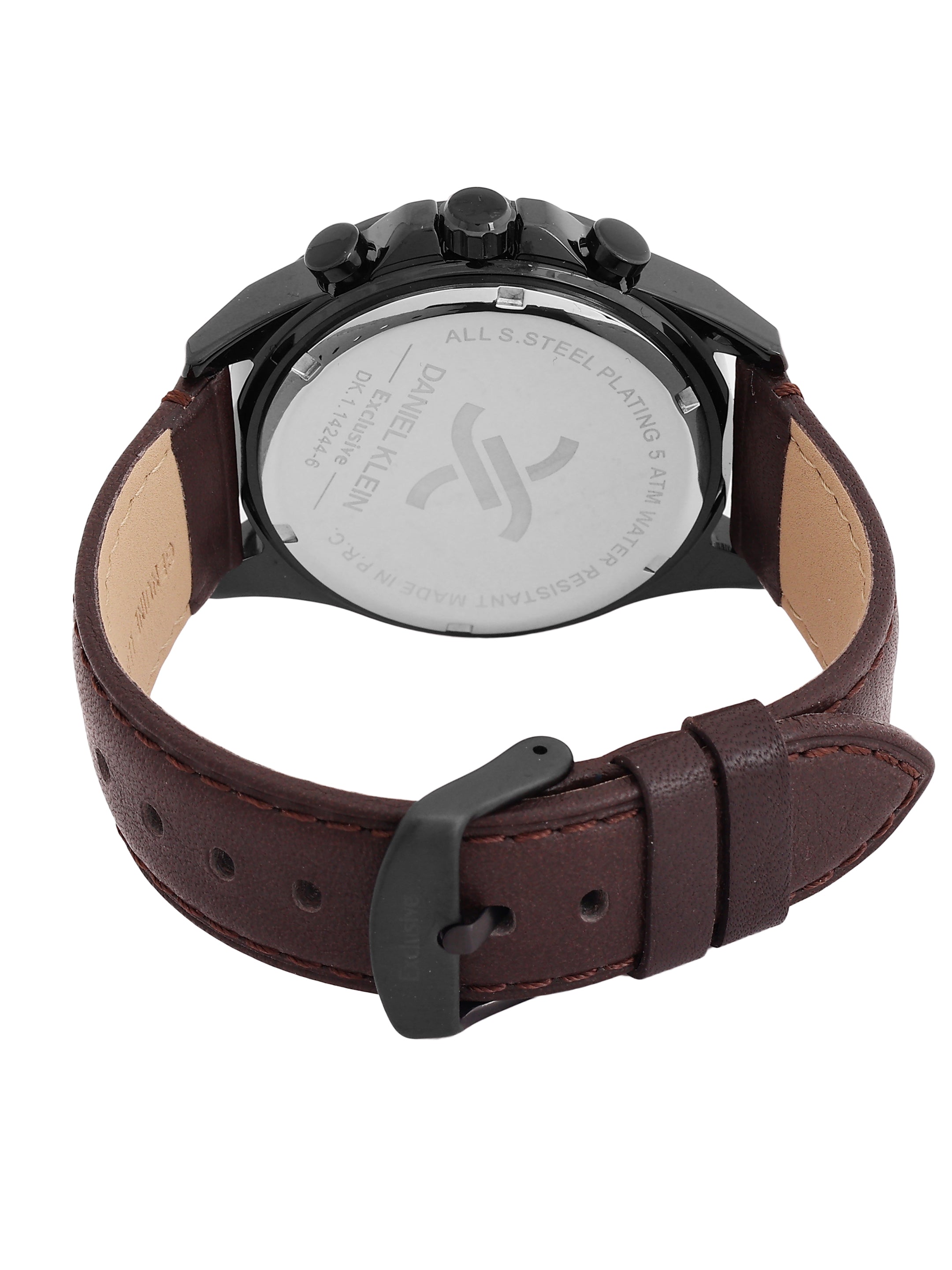Daniel Klein Analog Cool Grey 9c Round Dial Black Case Brown Strap Quartz Water-Resistant Wrist Watch for Men Boys DK.1.14244-6