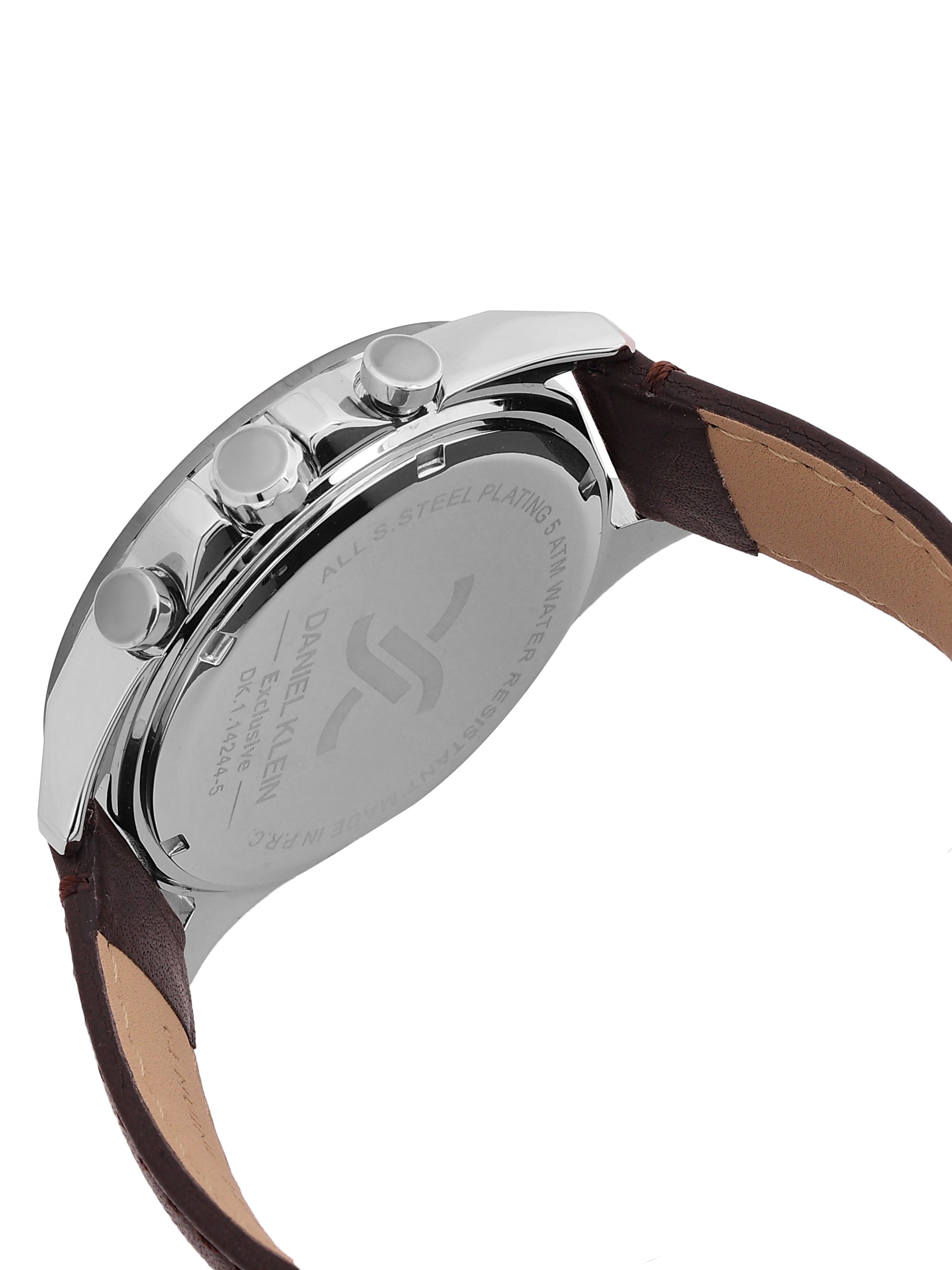 Daniel Klein Analog Blue Round Dial Silver/Gunmetalmetal Case D.Brown Strap Quartz Water-Resistant Wrist Watch for Men Boys DK.1.14244-5