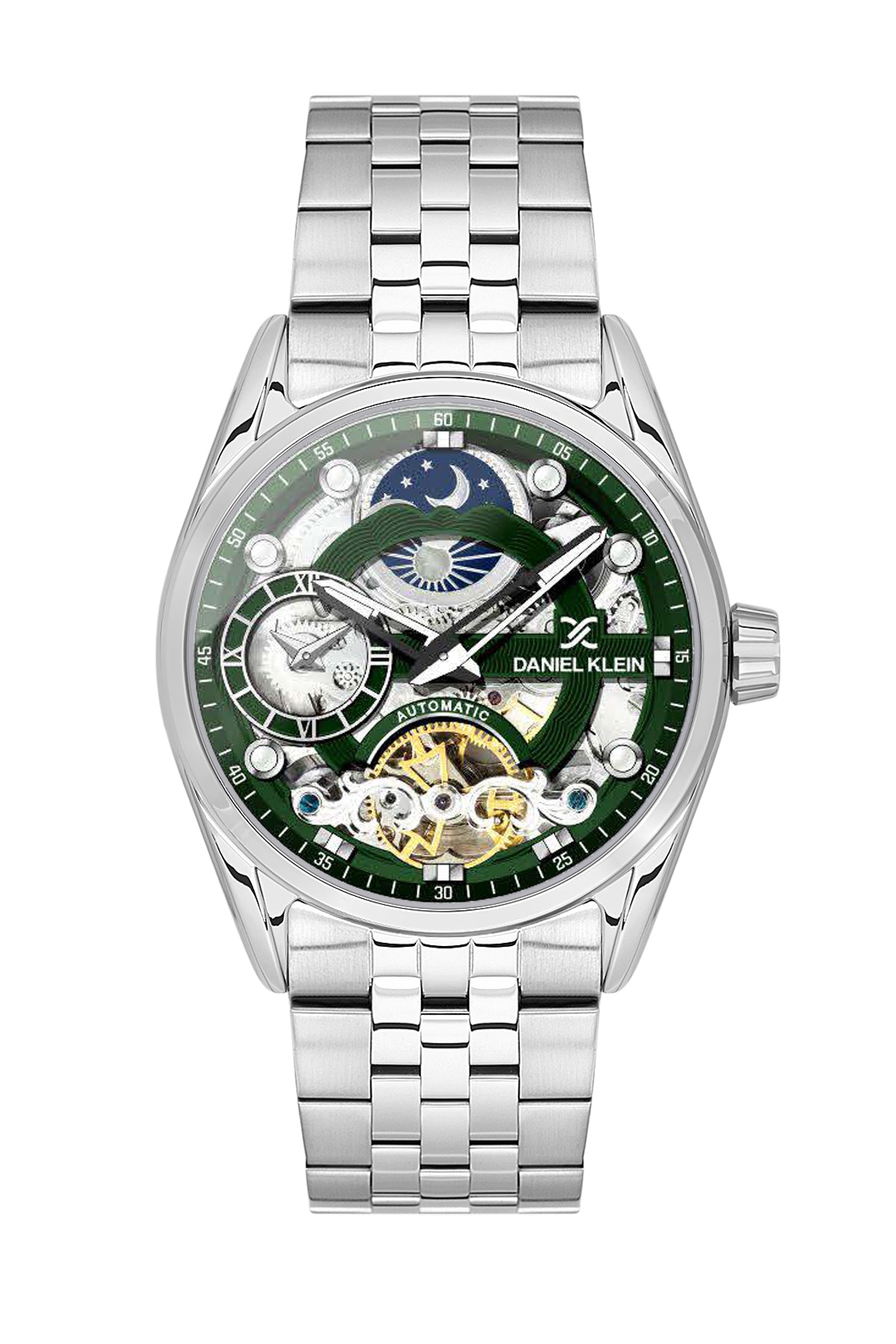 Green Skeleton Men Watch with Metallic Strap