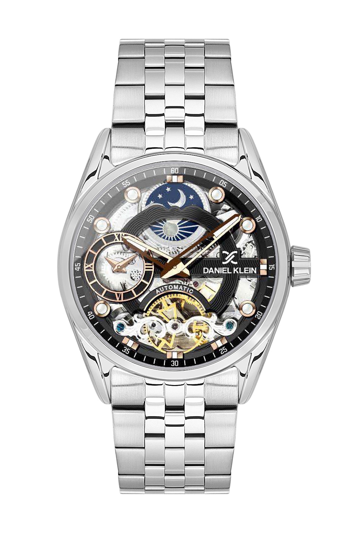 Black Skeleton Men Watch with Metallic Strap