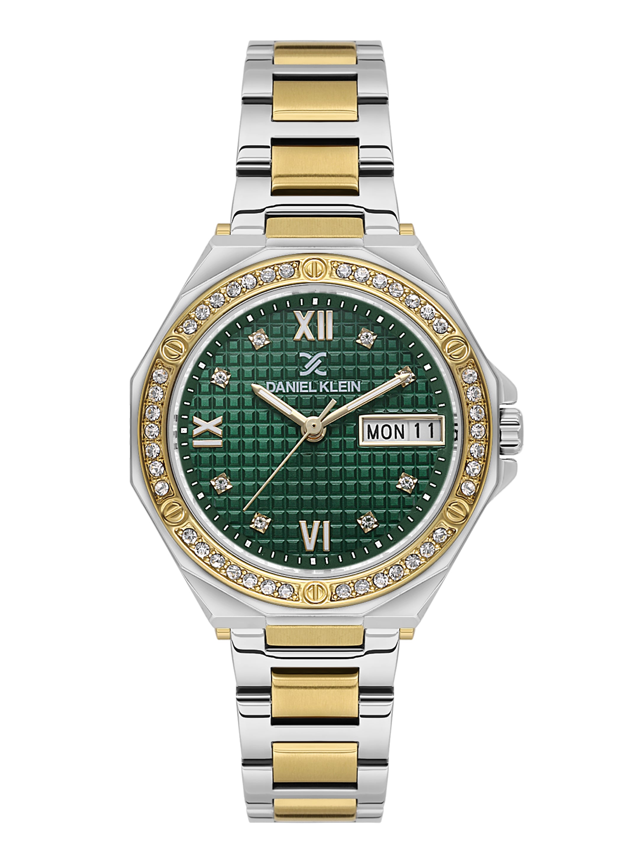 Daniel klein Premium Lady Dual-Tone IPS/IPG Dark Green Embossed Dial Stone Stainless Steel Watch DK.1.13931-5