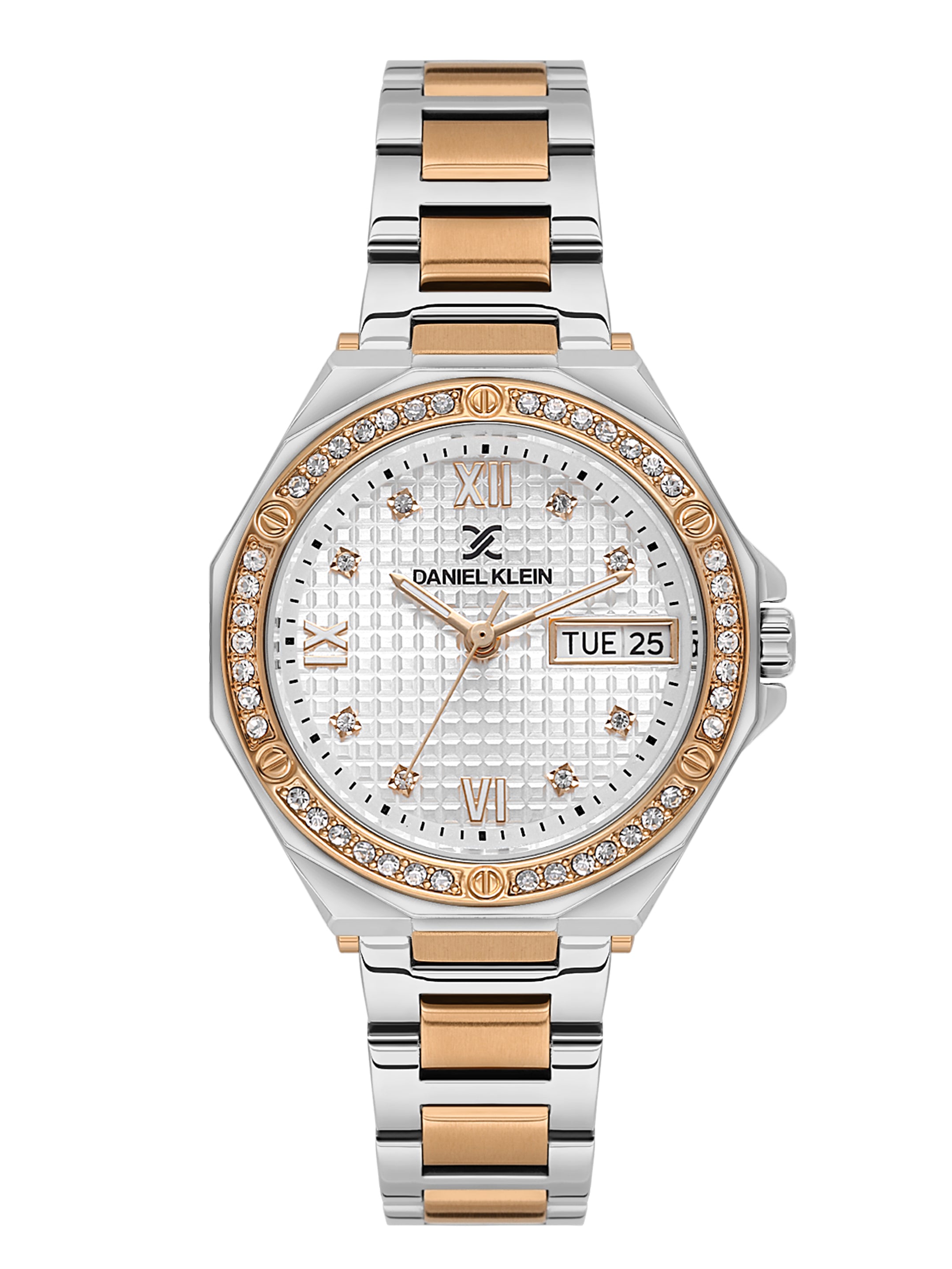 Daniel klein IPS/IP Pink Rose Gold Silver Embossed Dial Stone Watch for Women DK.1.13931-6