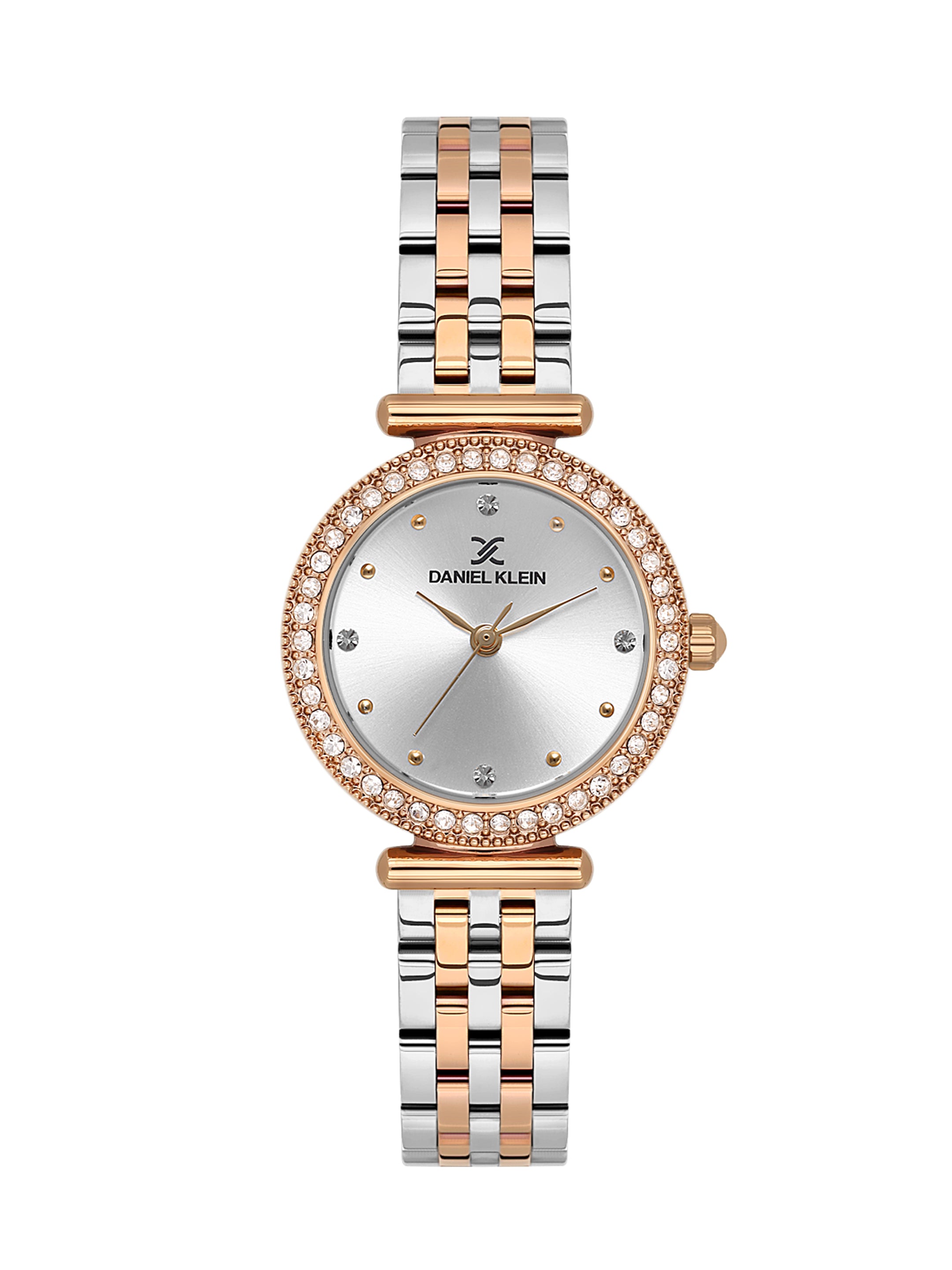 Daniel klein IPS/IP Pink R.Gold Silver MOP Sunray Dial Stone Watch for Women DK.1.13948-6