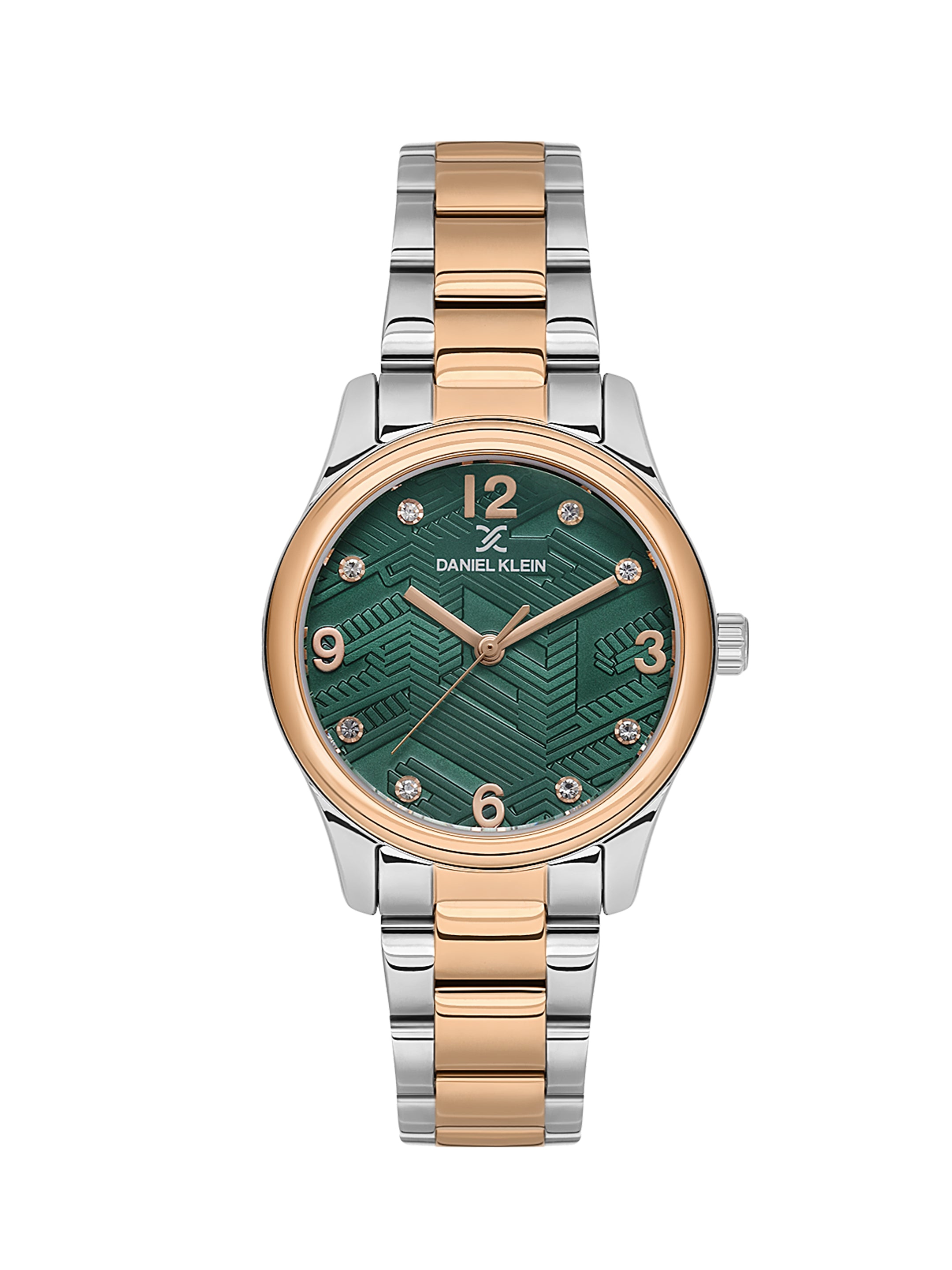 Daniel klein IPS/IP Pink R.Gold Dark Green Embossed Dial Stone Watch for Women DK.1.13953-6
