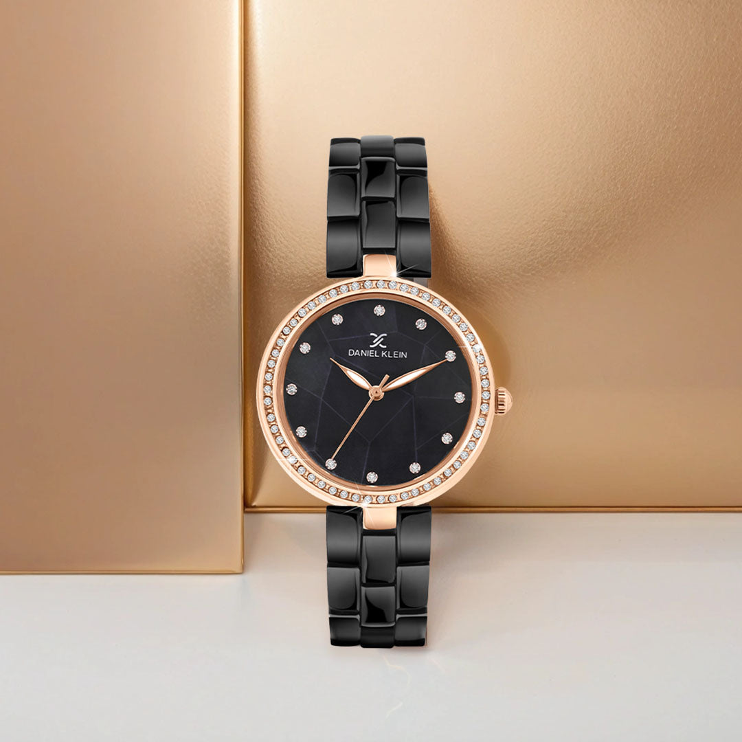 Night Black with Rose Gold Stones Studded Women Premium Watch