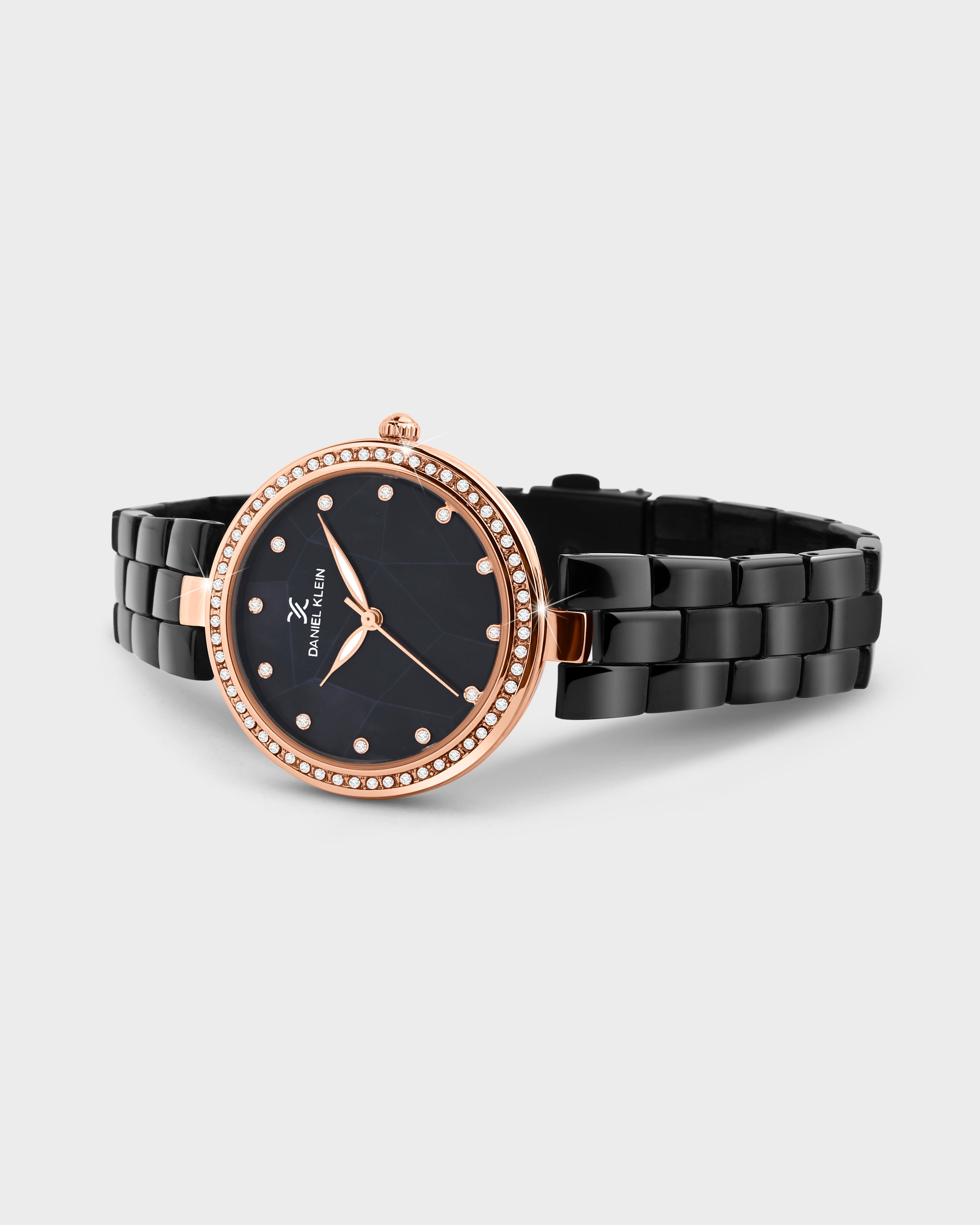 Night Black with Rose Gold Stones Studded Women Premium Watch