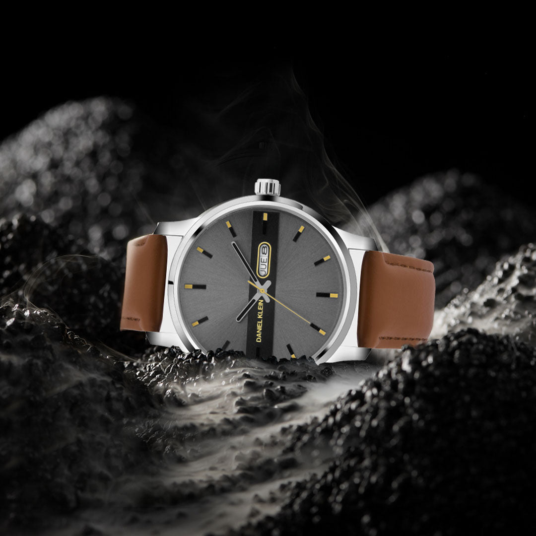 Tan Brown Leather Strap Day Dated Men Watch