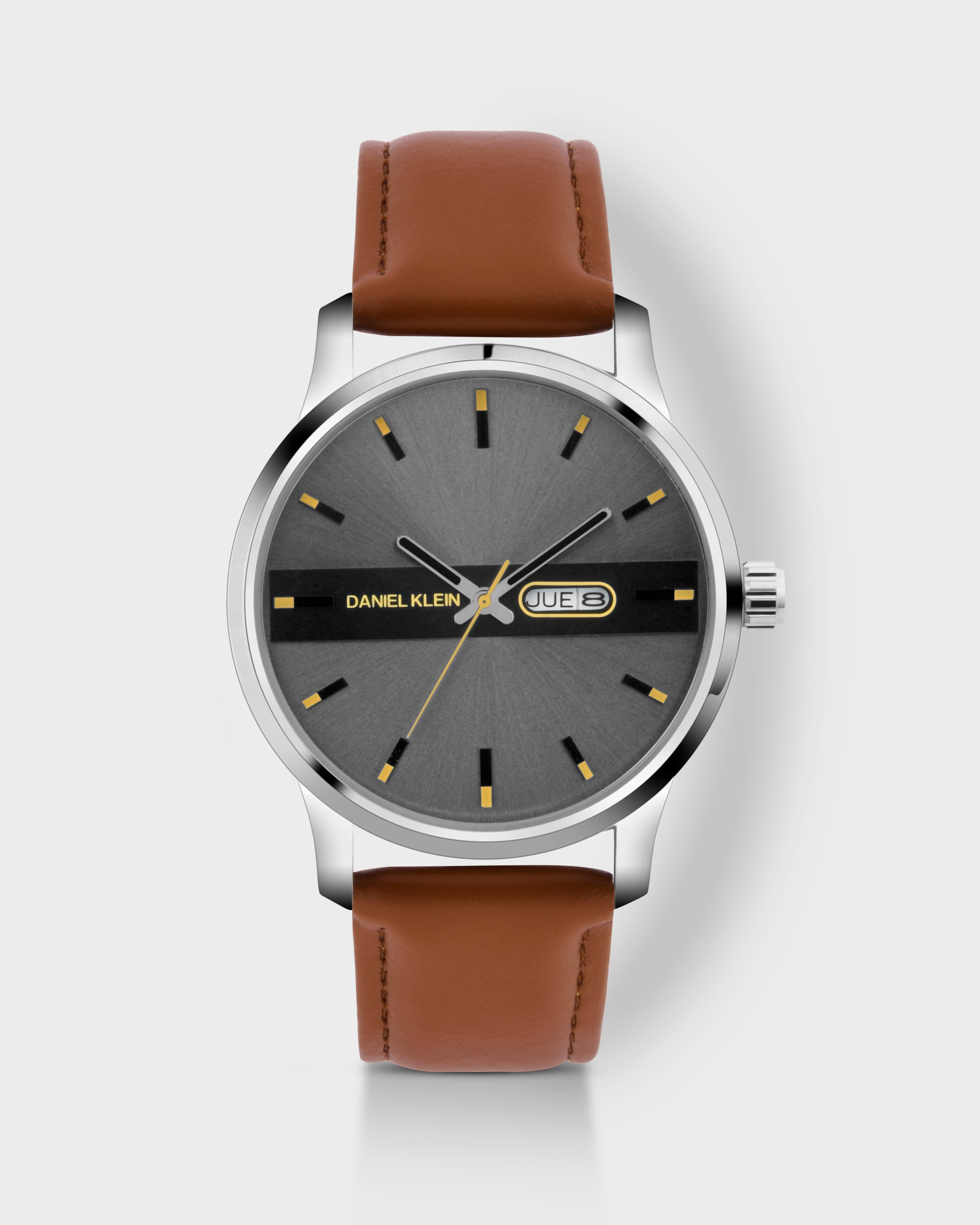Tan Brown Leather Strap Day Dated Men Watch