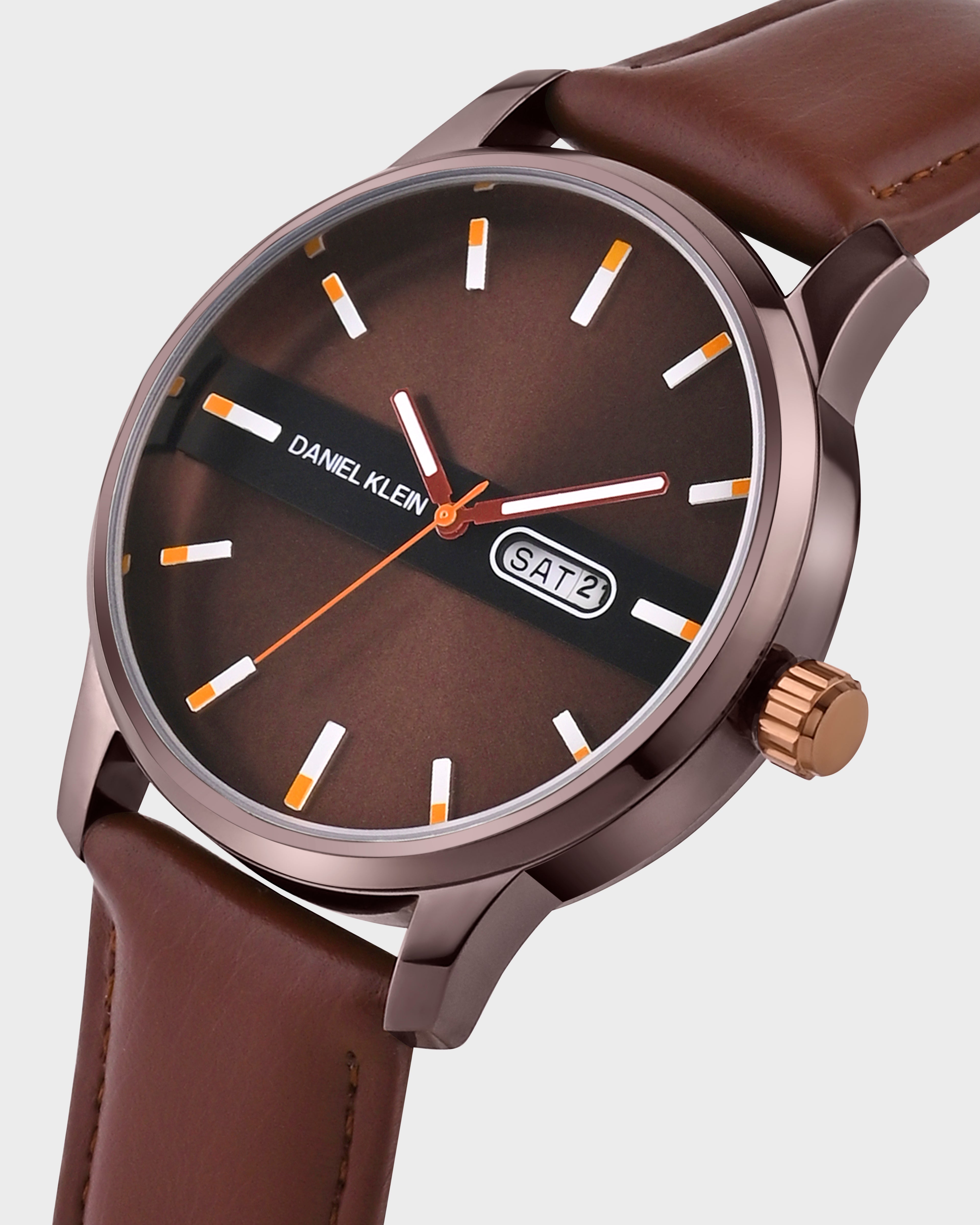 Brown Leather Strap Day Dated Men Watch