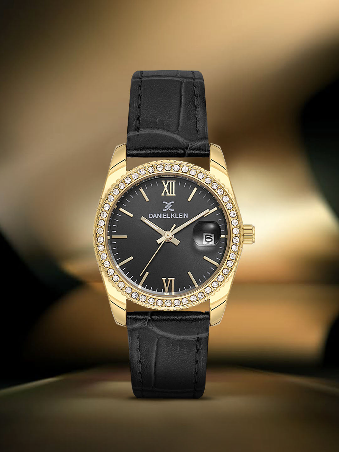 Daniel klein IPG Gun Black Sunray Dial Leather Watch for Women DK.6.14030-2
