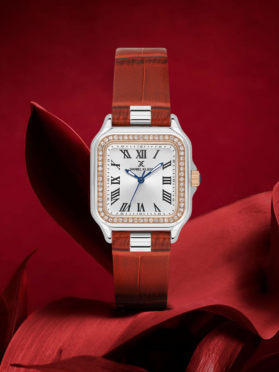 Daniel klein Premium Lady Silver & Rose Gold Case Red Leather Strap Sunray Dial Watch DK.1.14039-5