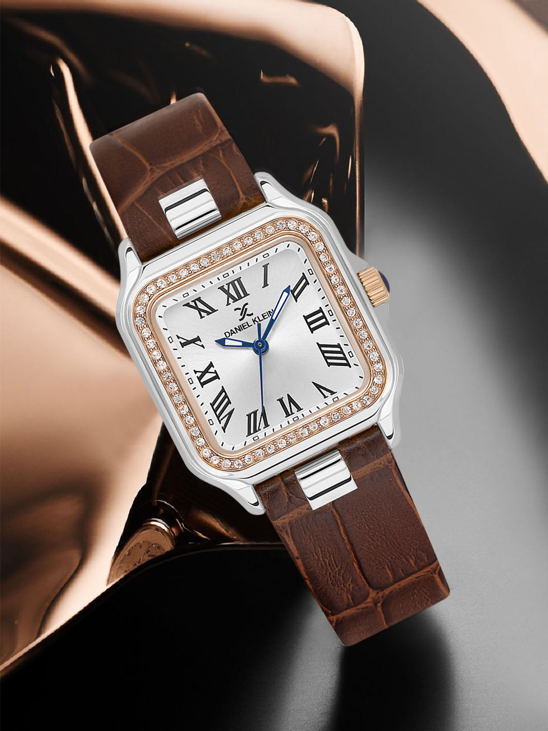 Daniel klein Premium Lady Silver & Rose Gold Case Brown Leather Strap Sunray Dial Watch DK.1.14039-6