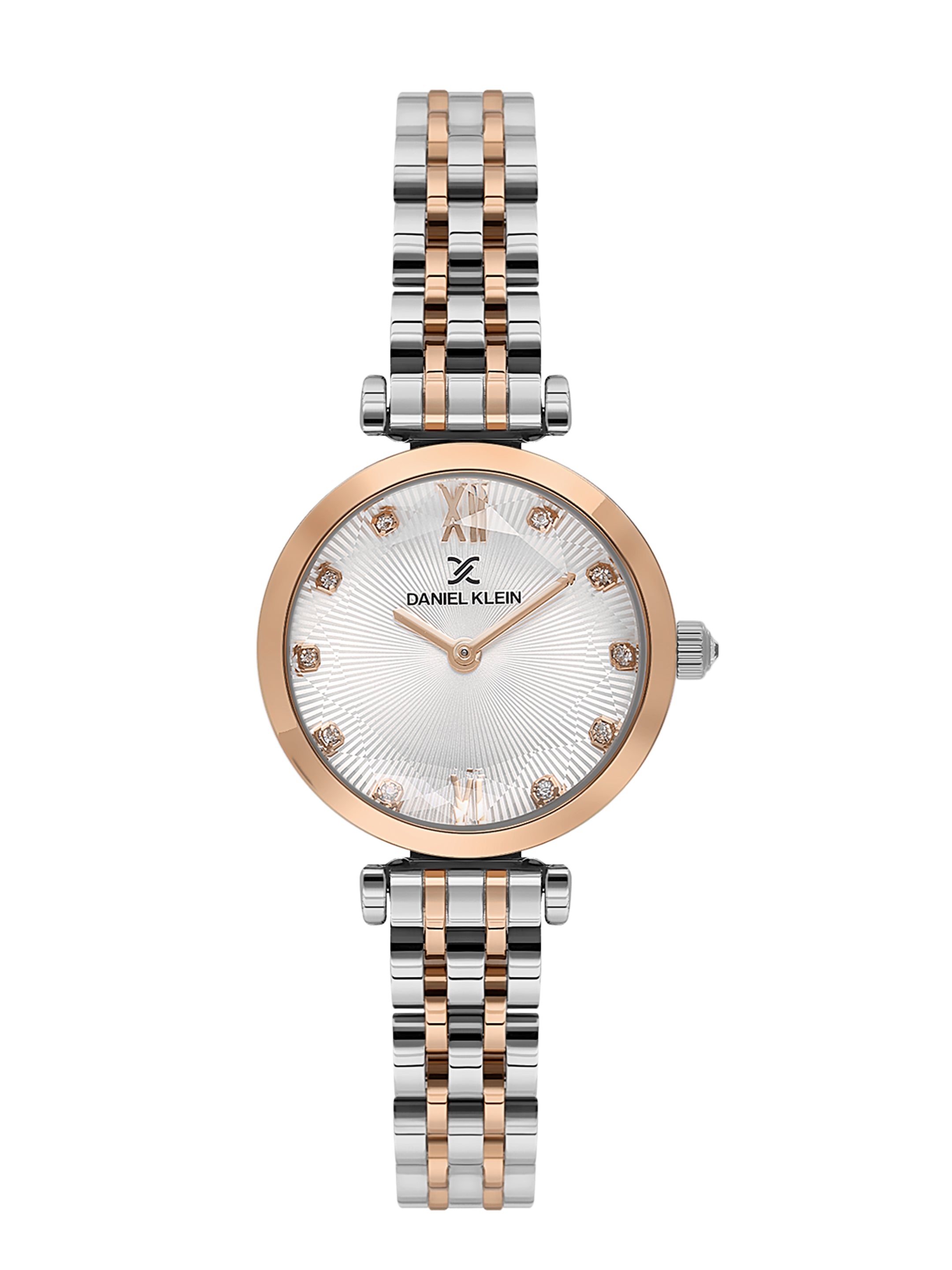 Daniel klein IPS/IP Pink R.Gold Silver Embossed Dial Stone Watch for Women DK.1.14094-5