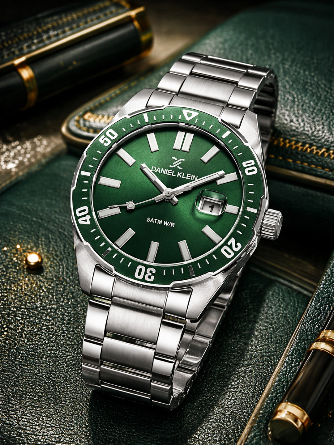 Daniel Klein Analog Dark Green Round Dial Silver Case Silver Strap Quartz Water-Resistant Wrist Watch for Men Boys DK.1.14195-3