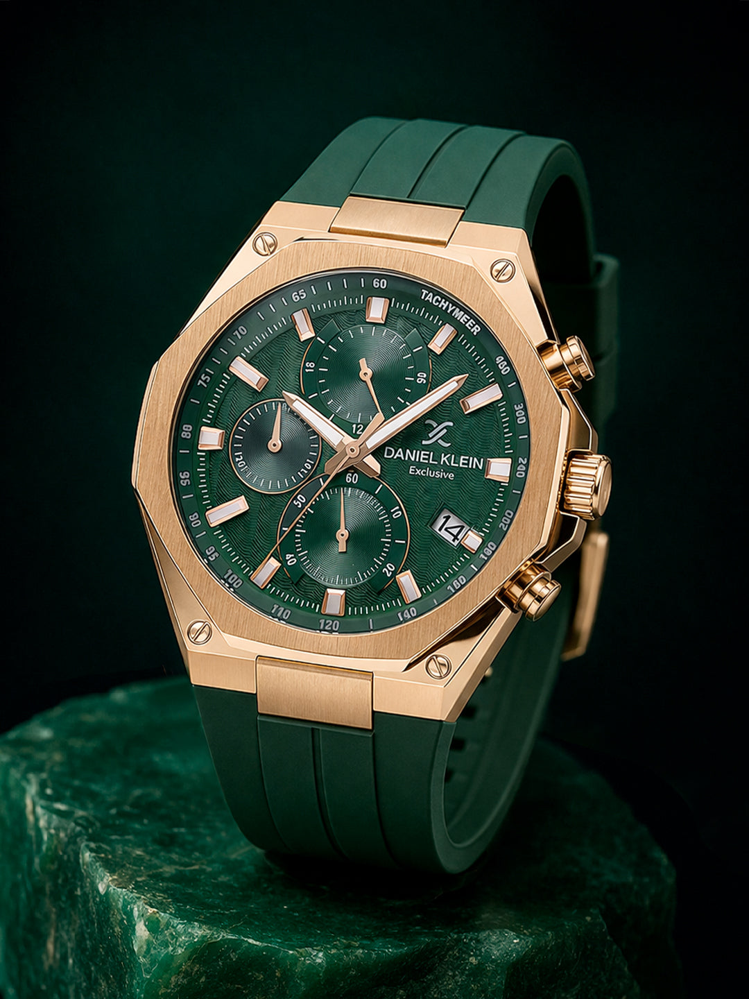 Daniel Klein Analog Dark Green Round Dial Pink Rose Gold Case Dark Green Strap Quartz Water-Resistant Wrist Watch for Men Boys DK.1.14258-4