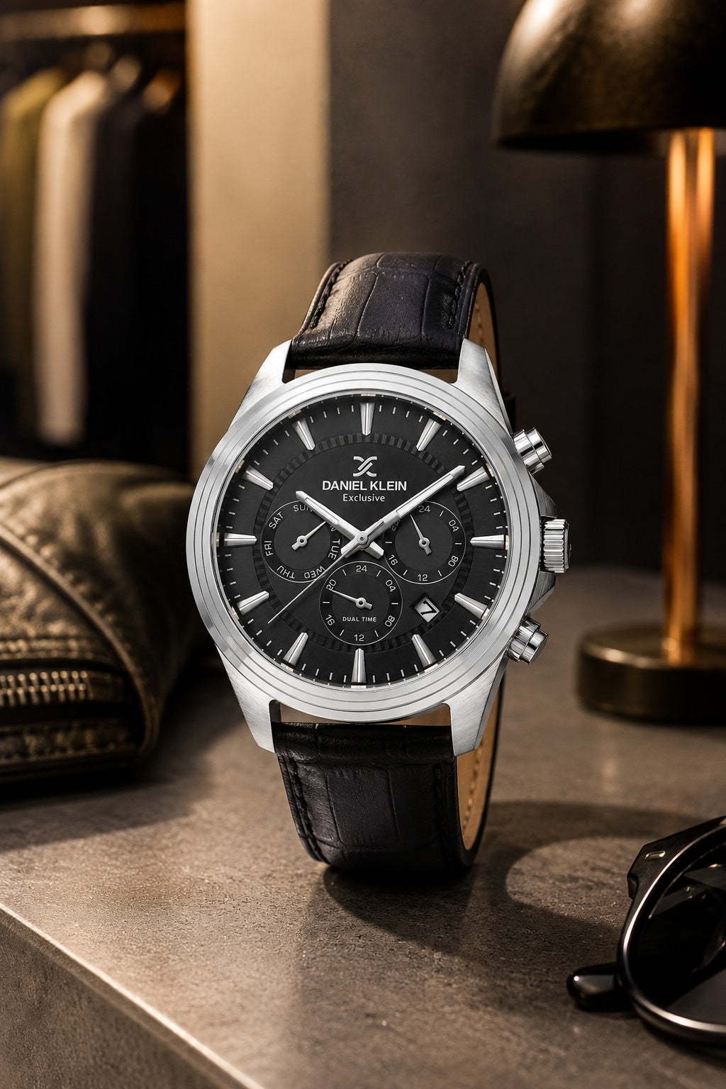 Men Black Dial Black Leather Strap Chronograph Analogue Watch