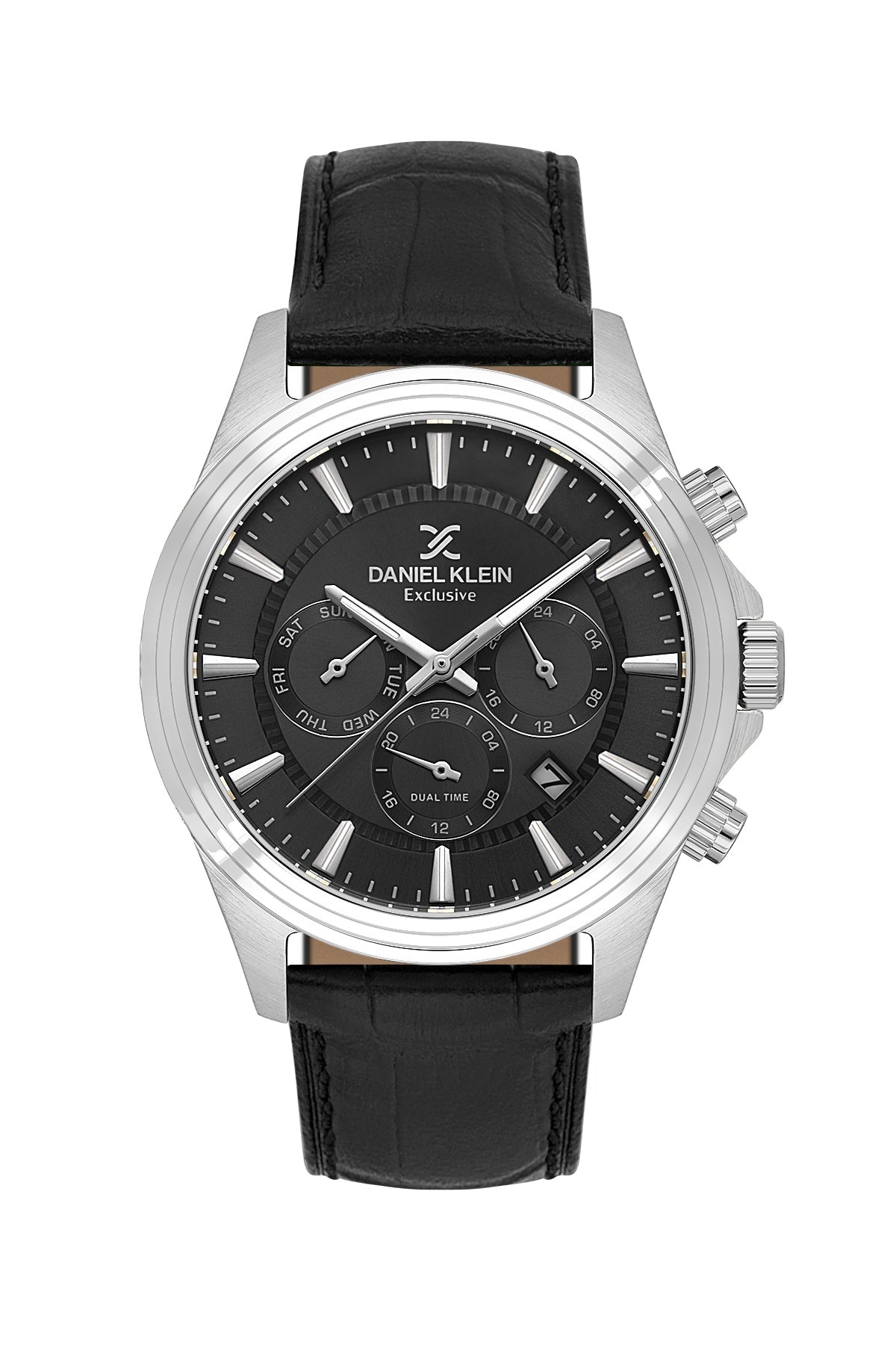 Men Black Dial Black Leather Strap Chronograph Analogue Watch
