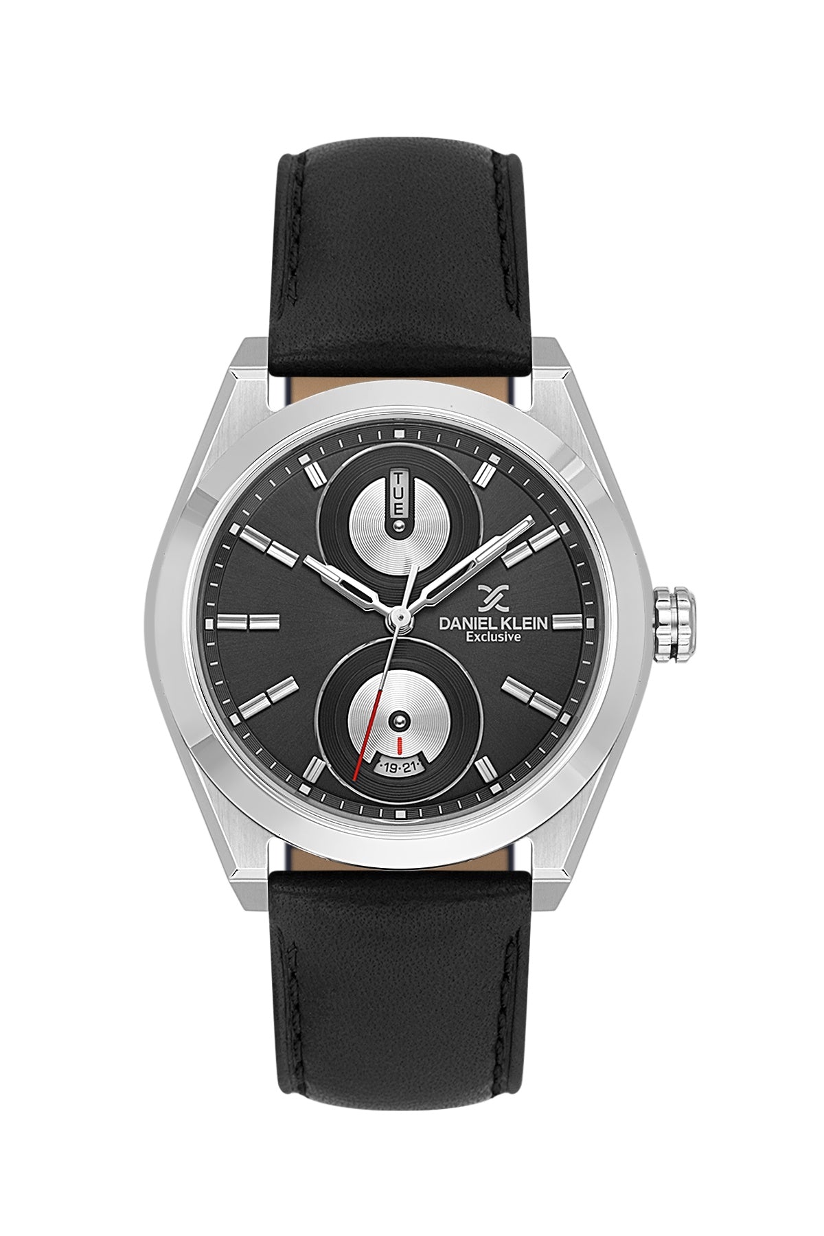 Men Grey Dial Black Leather Strap Multifunction Analogue Watch