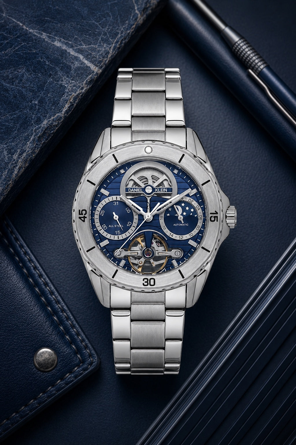 Men Royal Blue Skeleton Dial Stainless Steel Automatic Analogue Watch