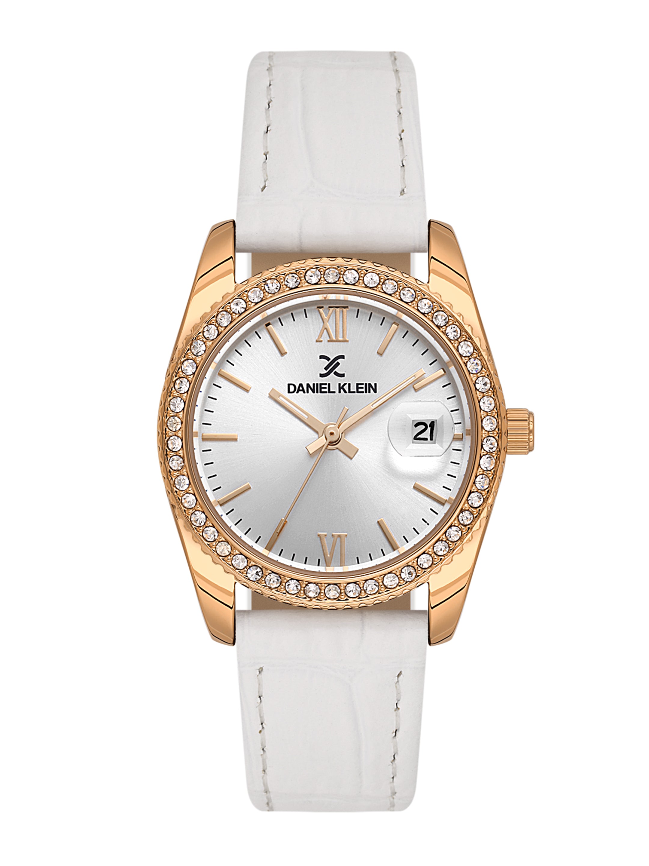 Daniel klein IP Pink R.Gold Silver White Sunray Dial Leather Watch for Women DK.6.14030-6