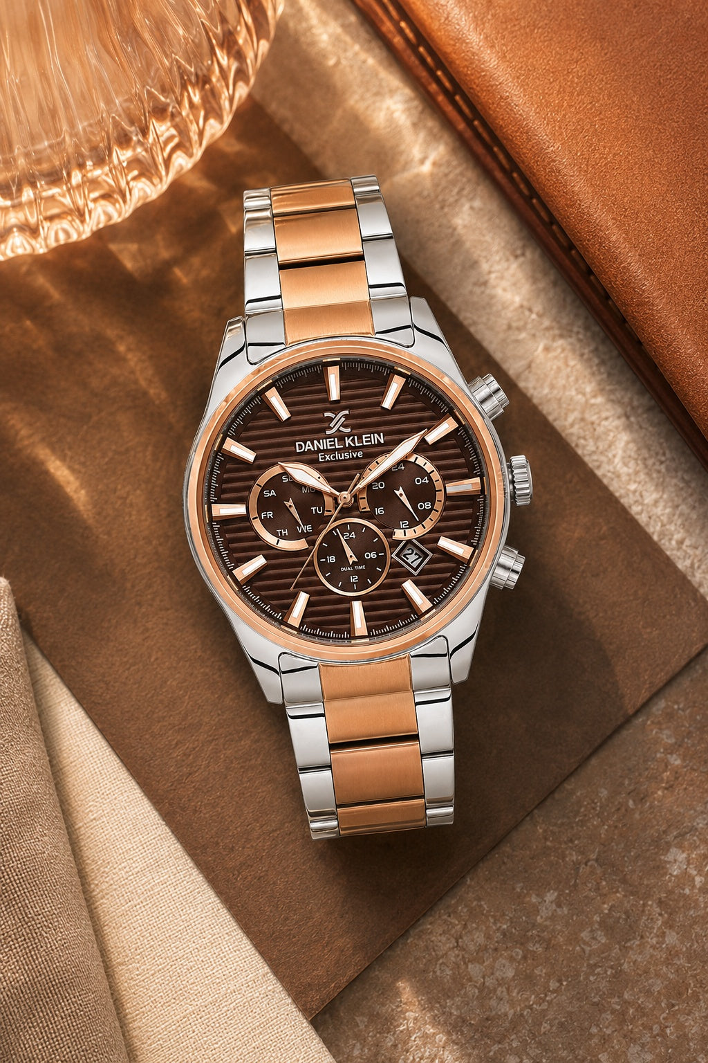 Men Brown Dial Silver & Rose Gold Chronograph Analogue Watch