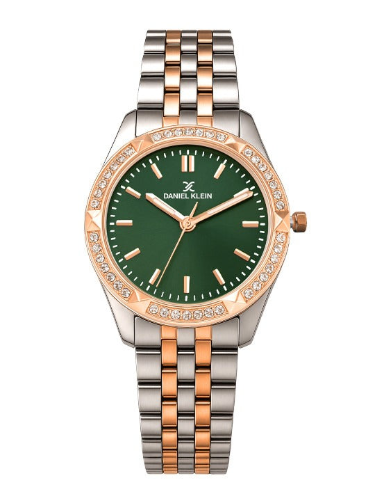 "Daniel Klein Women’s Silver & Rose Bracelet Watch – Royal Green Dial, Dual-Tone Finish "