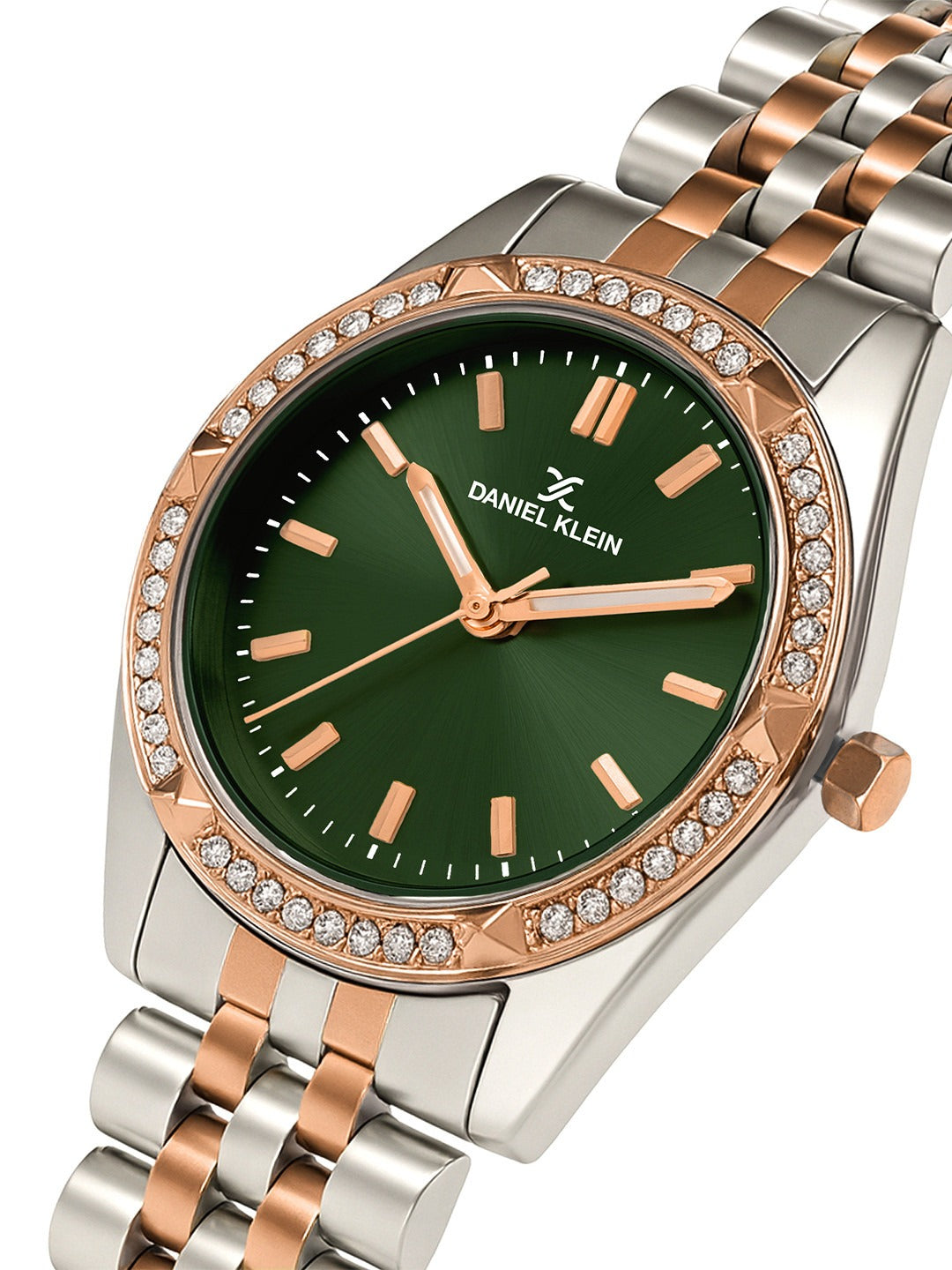 "Daniel Klein Women’s Silver & Rose Bracelet Watch – Royal Green Dial, Dual-Tone Finish "
