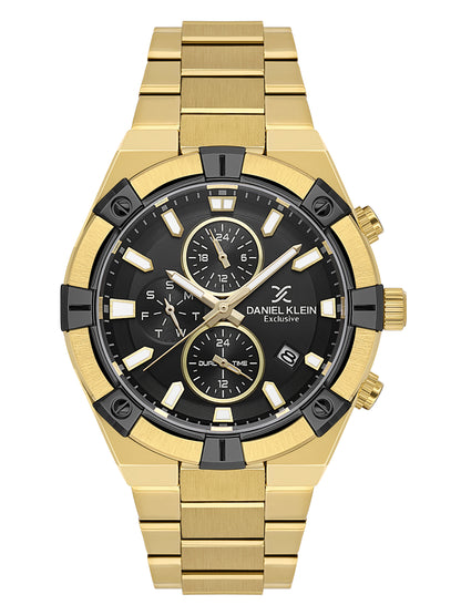 Daniel Klein Analog Black Round Dial Gold Case Gold Strap Quartz Water-Resistant Wrist Watch for Men Boys DK.1.14242-4