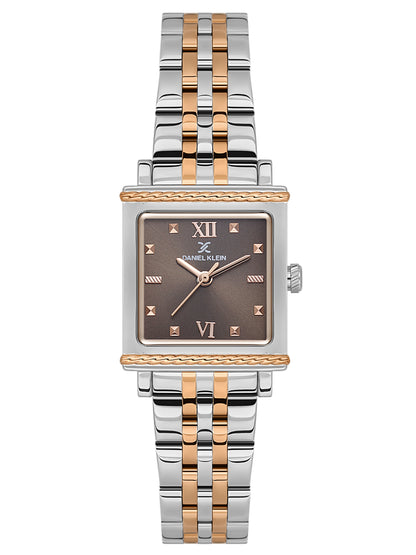 Daniel Klein Analog D.Brown Round Dial Silver and Rose Gold Case Silver and Rose Gold Strap Quartz Water-Resistant Wrist Watch for Women Girls, Ladies DK.1.14168-6