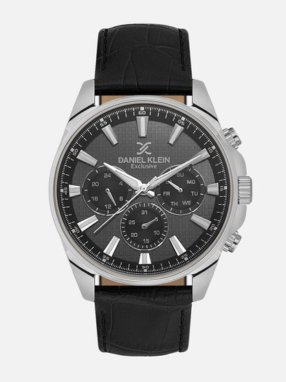 Daniel Klein Analog Black Round Dial Silver Case Black Strap Quartz Water-Resistant Wrist Watch for Men Boys DK.1.14239-2