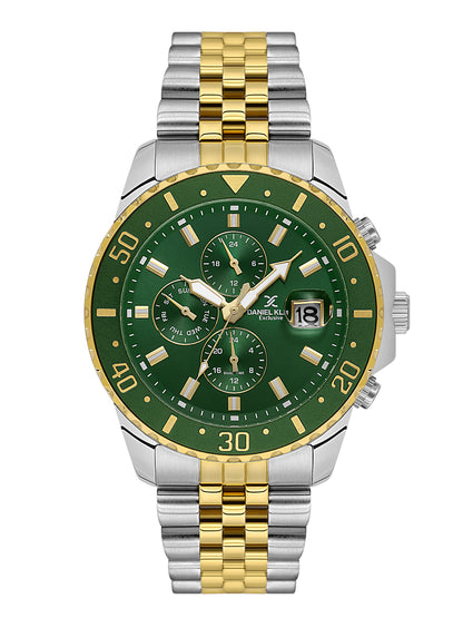 Daniel Klein Analog Dark Green Round Dial Silver and Gold Case Silver and Gold Strap Quartz Water-Resistant Wrist Watch for Men Boys DK.1.14243-4