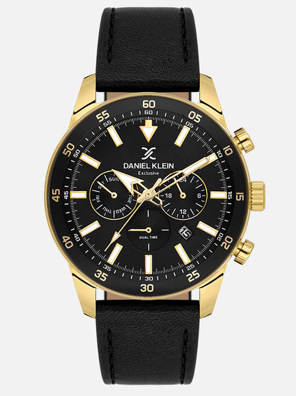 Daniel Klein Analog Black Round Dial Gold Case Black Strap Quartz Water-Resistant Wrist Watch for Men Boys DK.1.14255-3