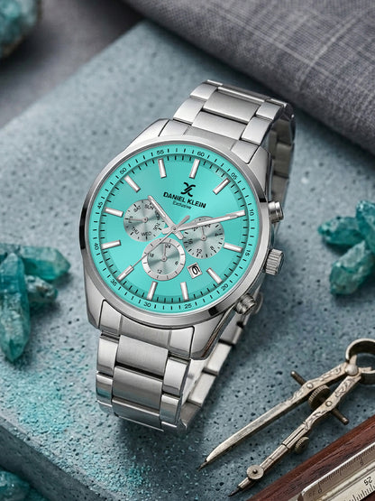 Daniel Klein Men Analog Multifunction Watch | Silver Case | Tiffny blue Dial with Day Date 24-hour format | Silver Metal Strap | 44 mm | Water Resistant 3 ATM | DK.20.13348-8
