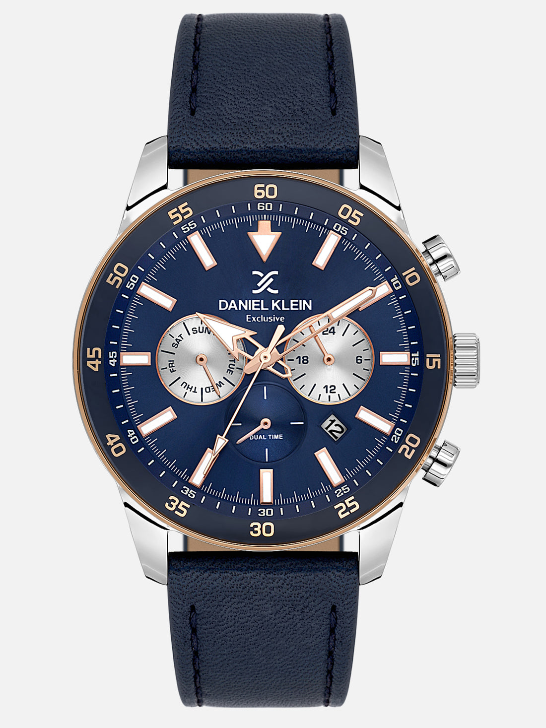 Daniel Klein Analog Dark Blue Round Dial Silver and Rose Gold Case Dark Blue Strap Quartz Water-Resistant Wrist Watch for Men Boys DK.1.14255-6