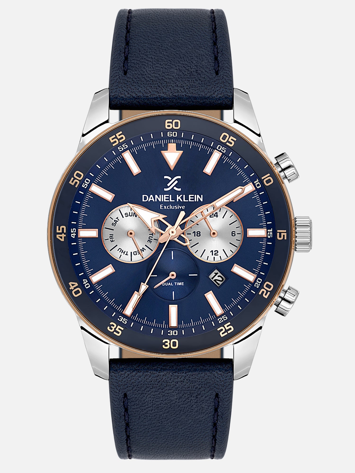Daniel Klein Analog Dark Blue Round Dial Silver and Rose Gold Case Dark Blue Strap Quartz Water-Resistant Wrist Watch for Men Boys DK.1.14255-6