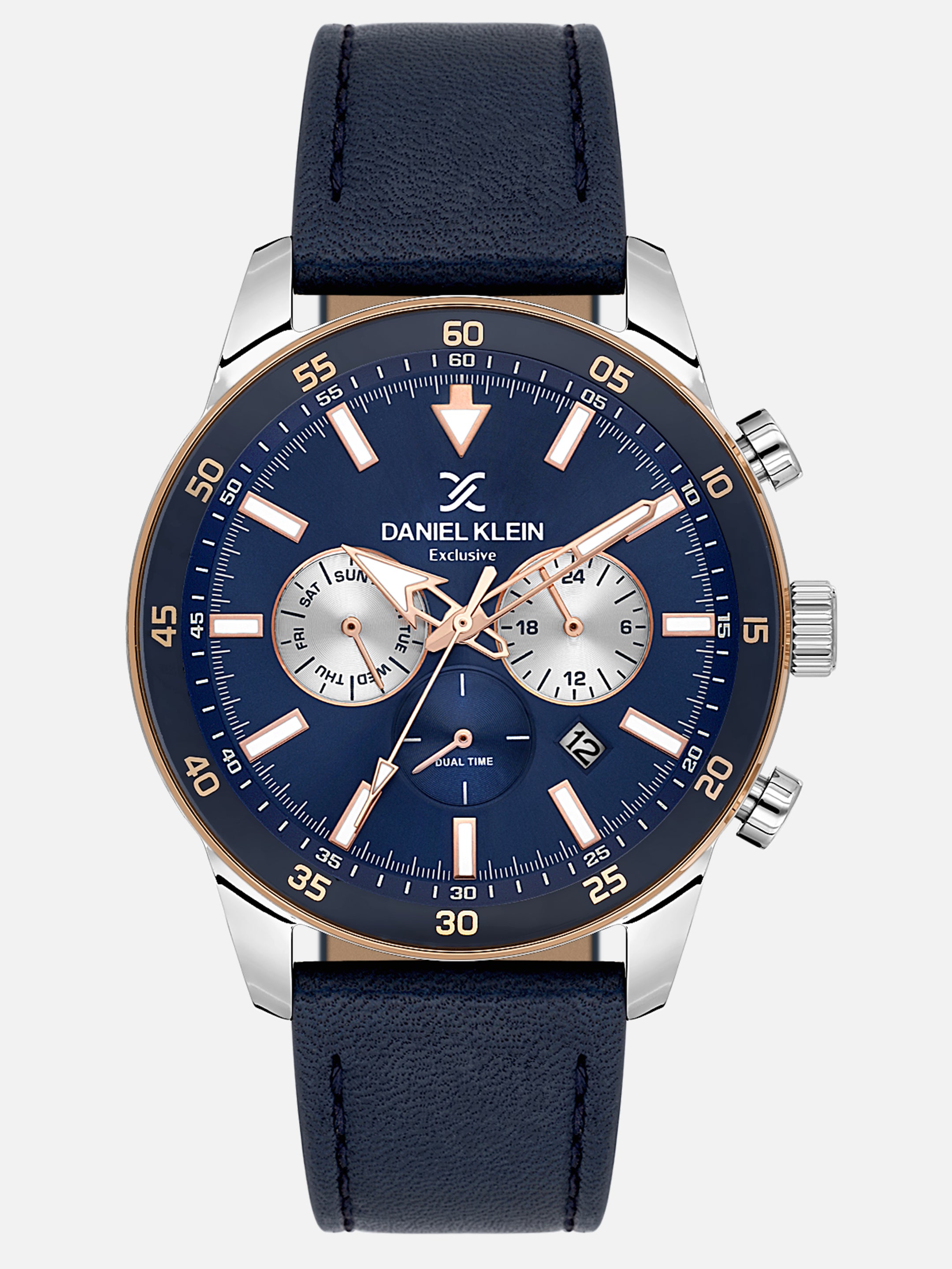 Daniel Klein Analog Dark Blue Round Dial Silver and Rose Gold Case Dark Blue Strap Quartz Water-Resistant Wrist Watch for Men Boys DK.1.14255-6